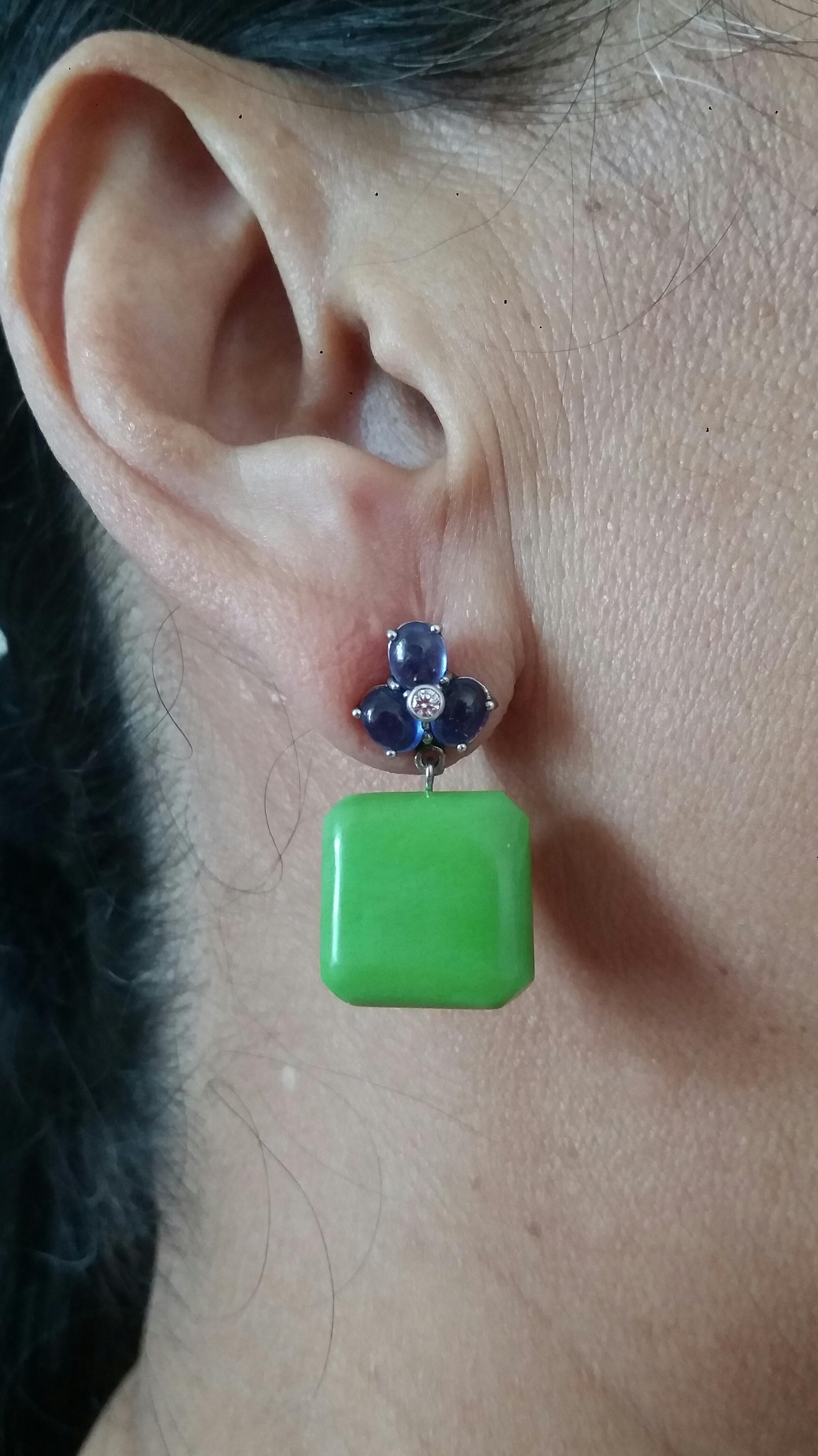 3 Blue Sapphire Cabs 14K Yellow Gold Diamonds Green Turquoise Octagon Earrings For Sale 3