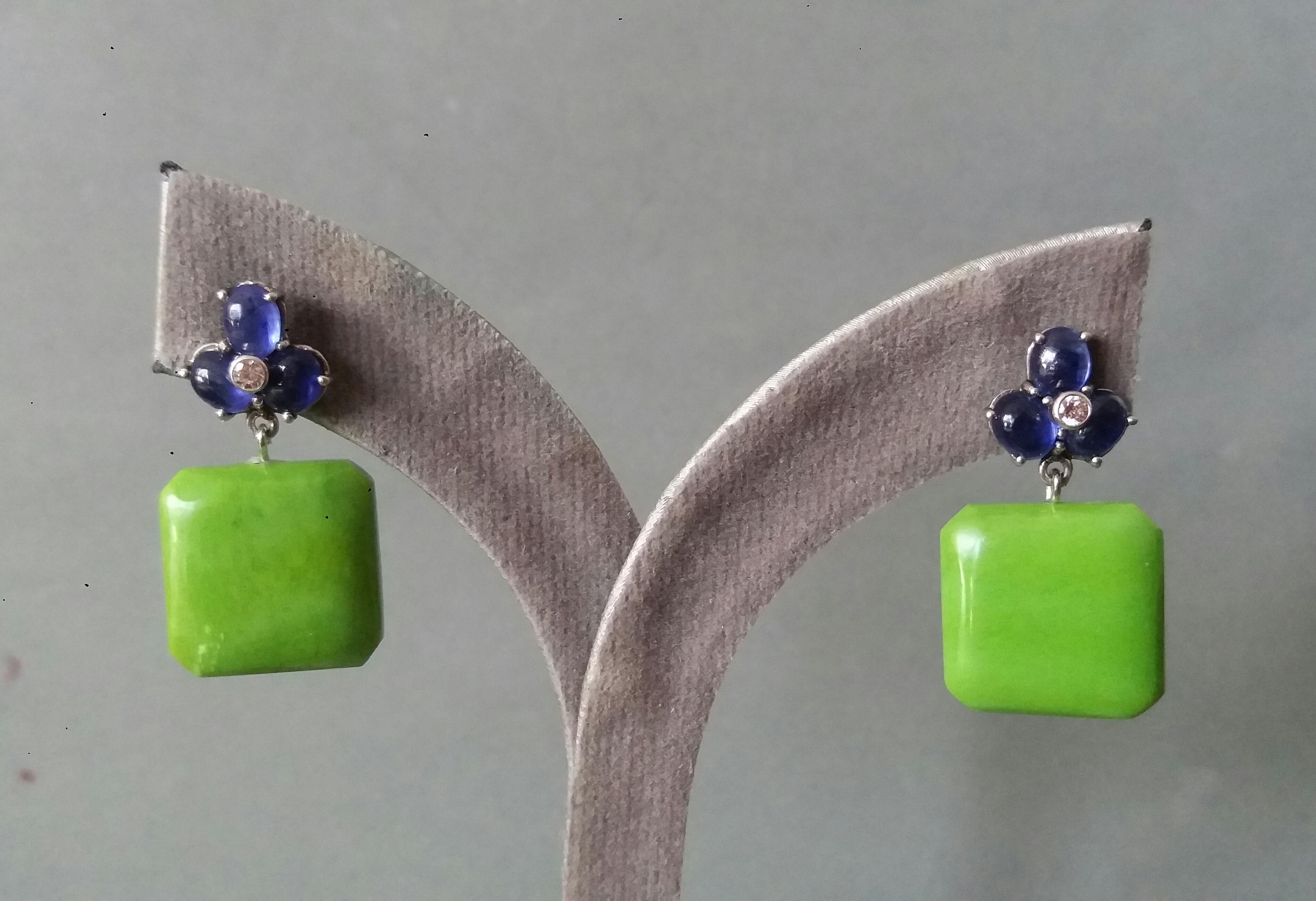 3 Blue Sapphire Cabs 14K Yellow Gold Diamonds Green Turquoise Octagon Earrings For Sale 4