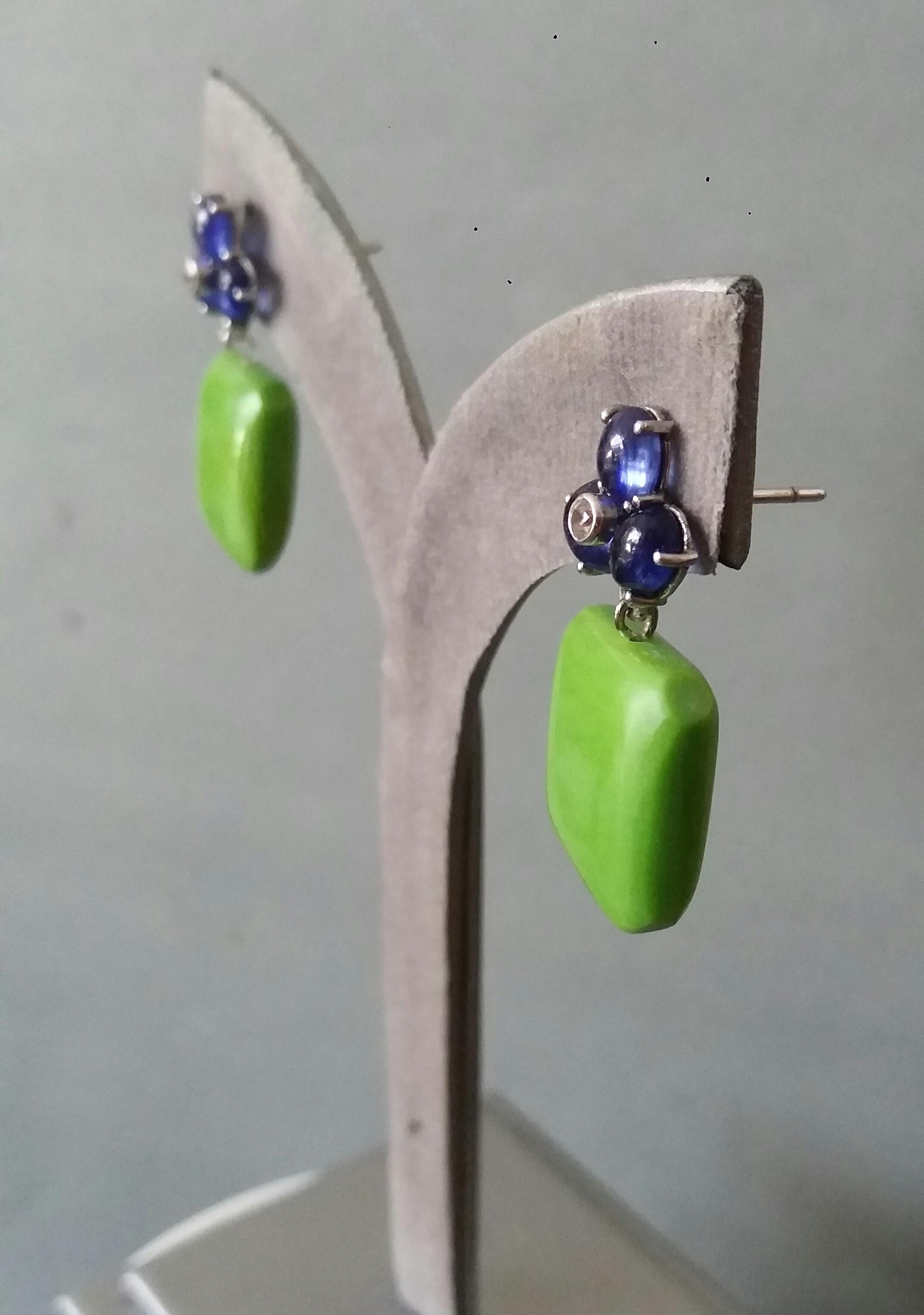 3 Blue Sapphire Cabs 14K Yellow Gold Diamonds Green Turquoise Octagon Earrings For Sale 6