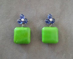 3 Blue Sapphire Cabs 14K Yellow Gold Diamonds Green Turquoise Octagon Earrings