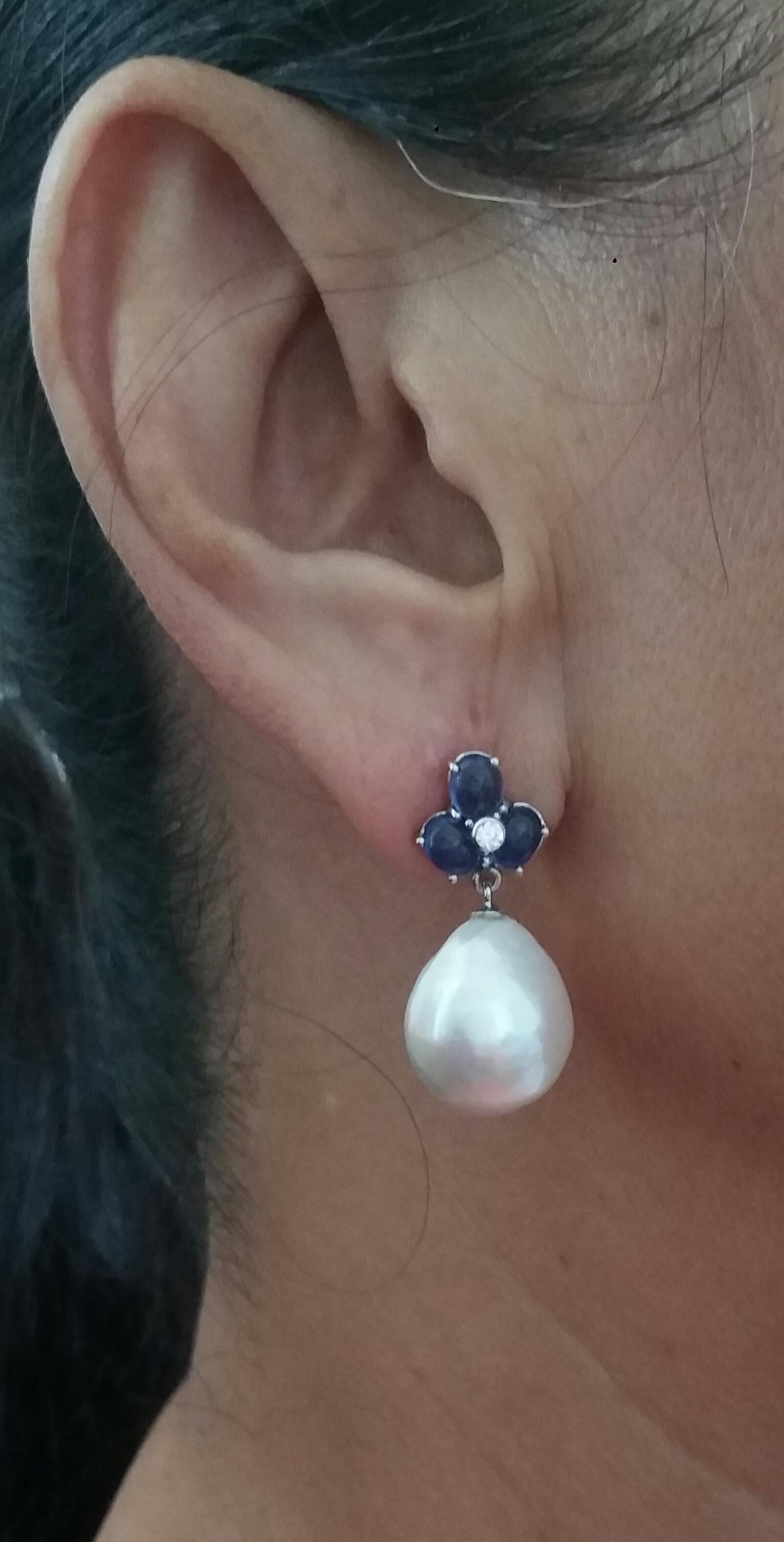 3 Boucles d'oreilles saphir bleu ovale Cabs or diamants forme poire perles baroques en vente 9