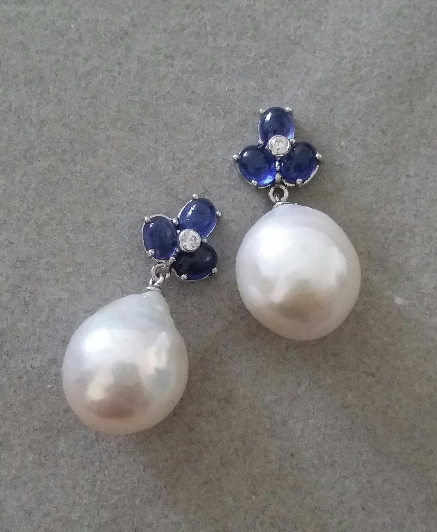 Contemporary 3 Blue Sapphire Oval Cabs Gold Diamonds Pear Shape Baroque Pearls Earrings