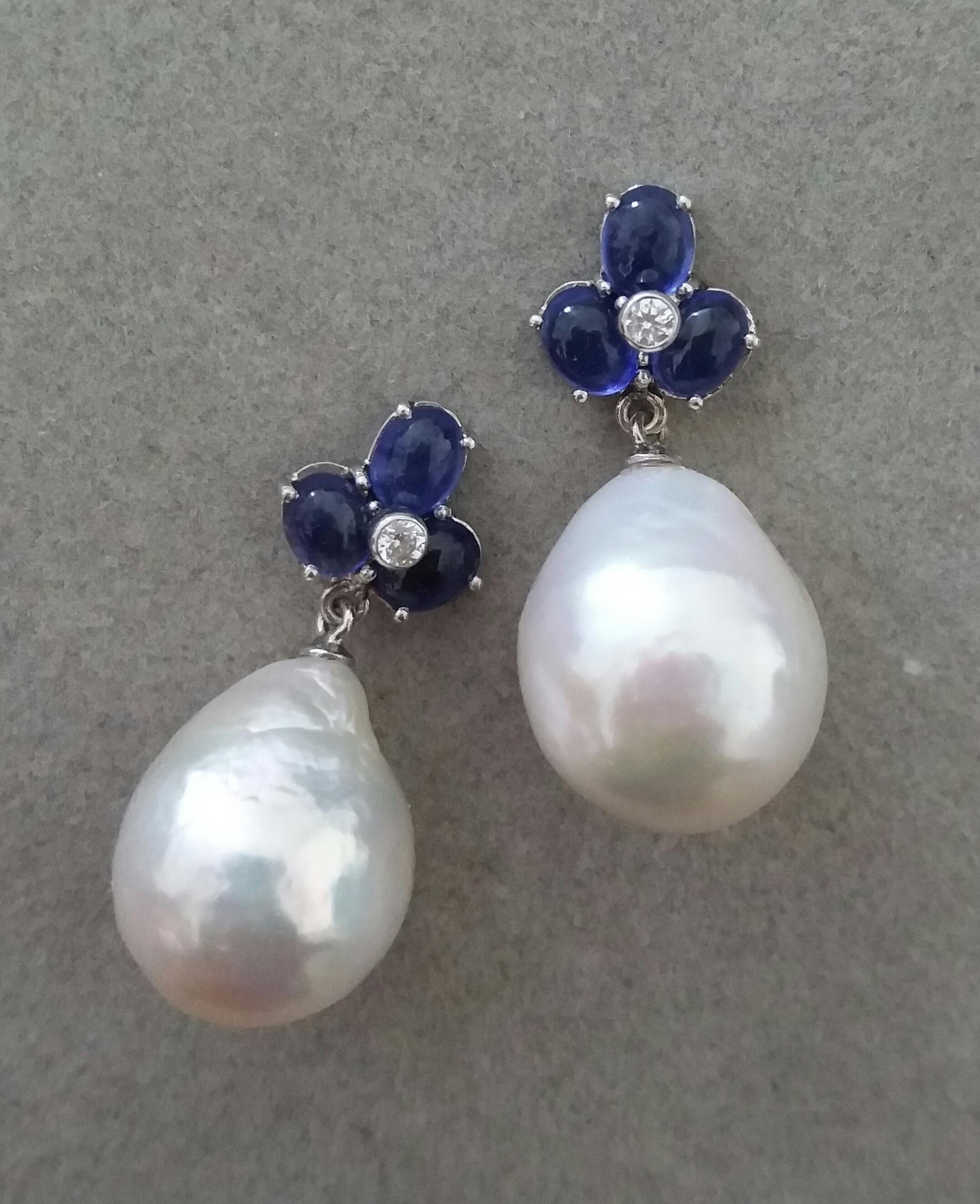Contemporary 3 Blue Sapphire Oval Cabs Gold Diamonds Pear Shape Baroque Pearls Earrings For Sale
