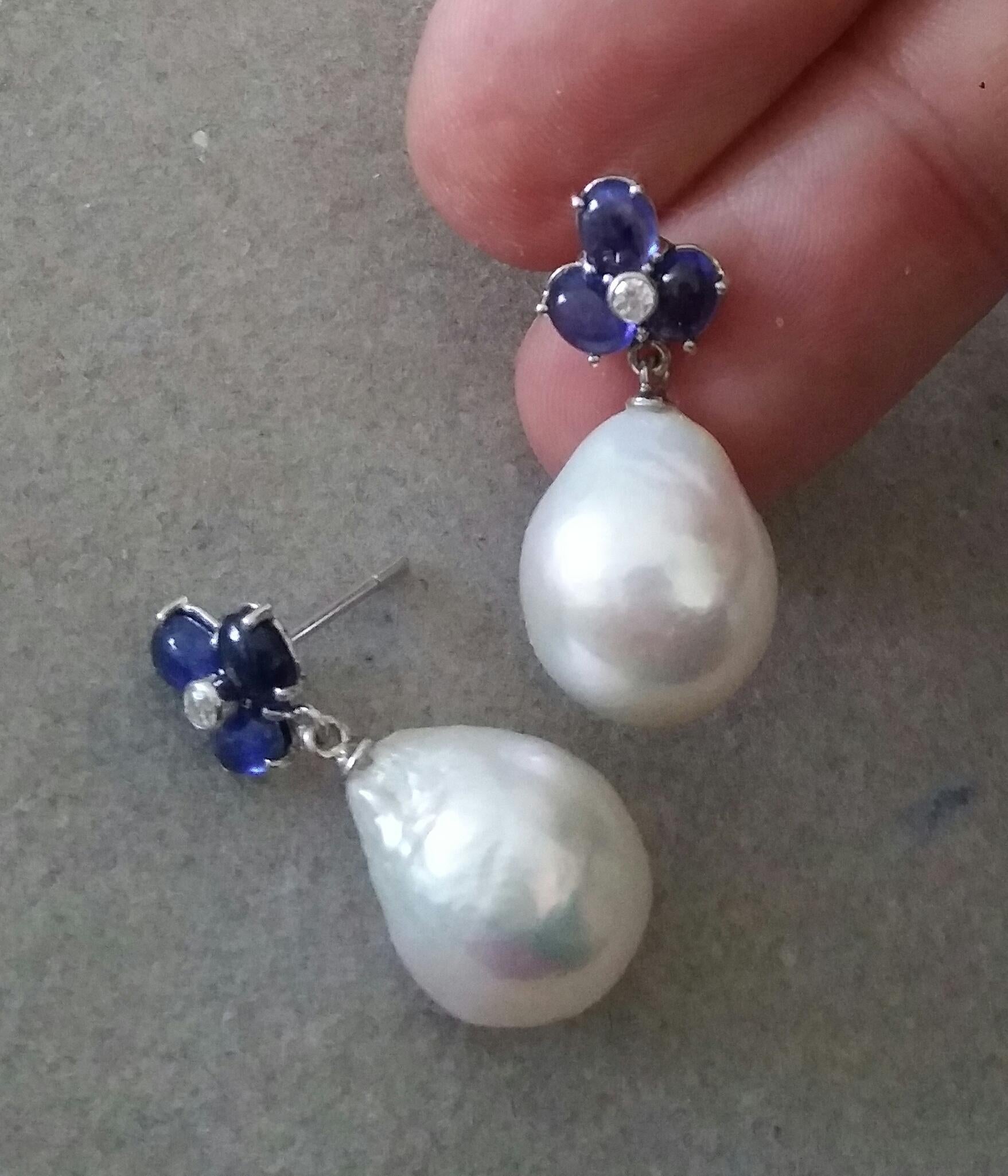 3 Blue Sapphire Oval Cabs Gold Diamonds Pear Shape Baroque Pearls Earrings In Good Condition In Bangkok, TH