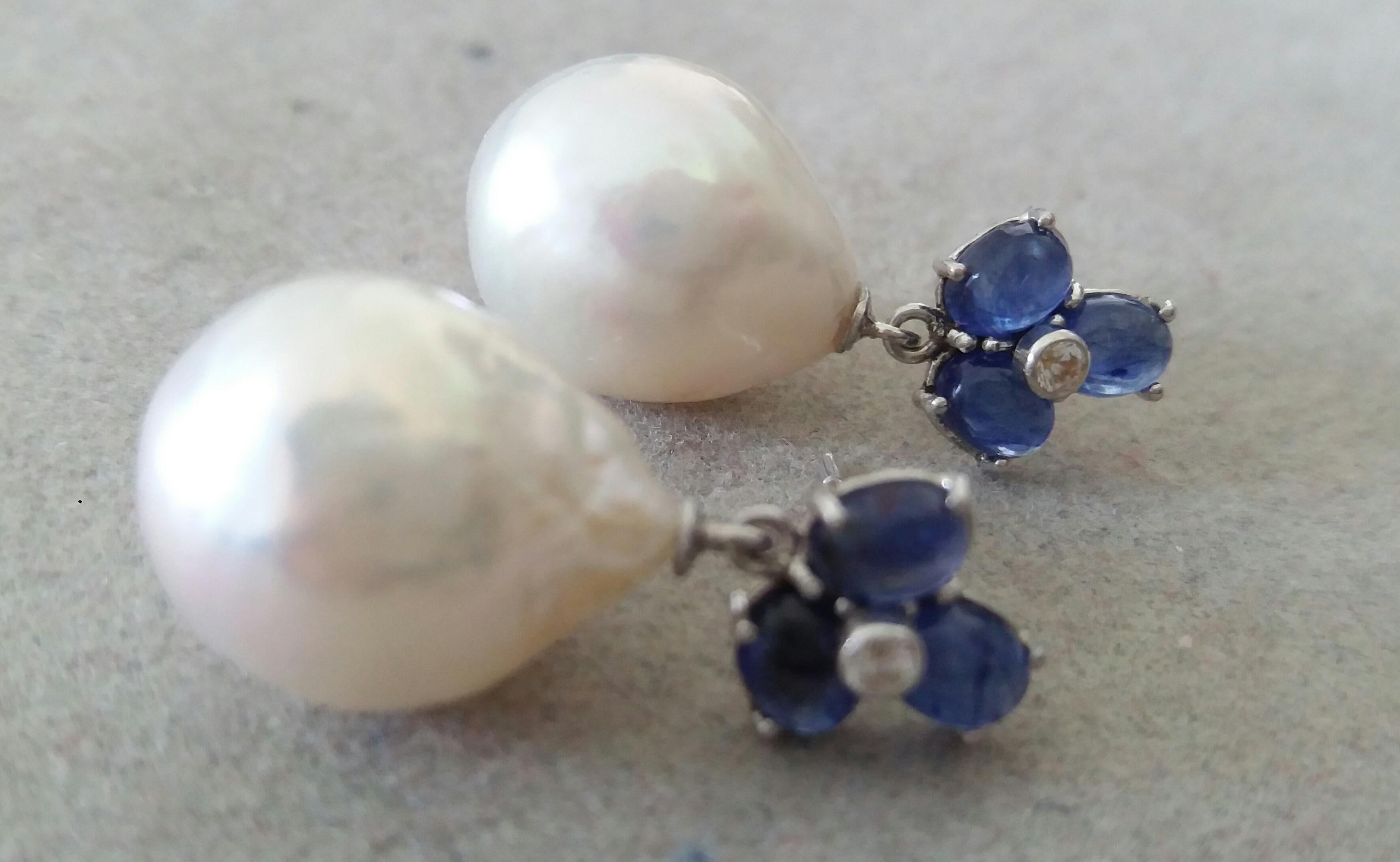 Women's 3 Blue Sapphire Oval Cabs Gold Diamonds Pear Shape Baroque Pearls Earrings