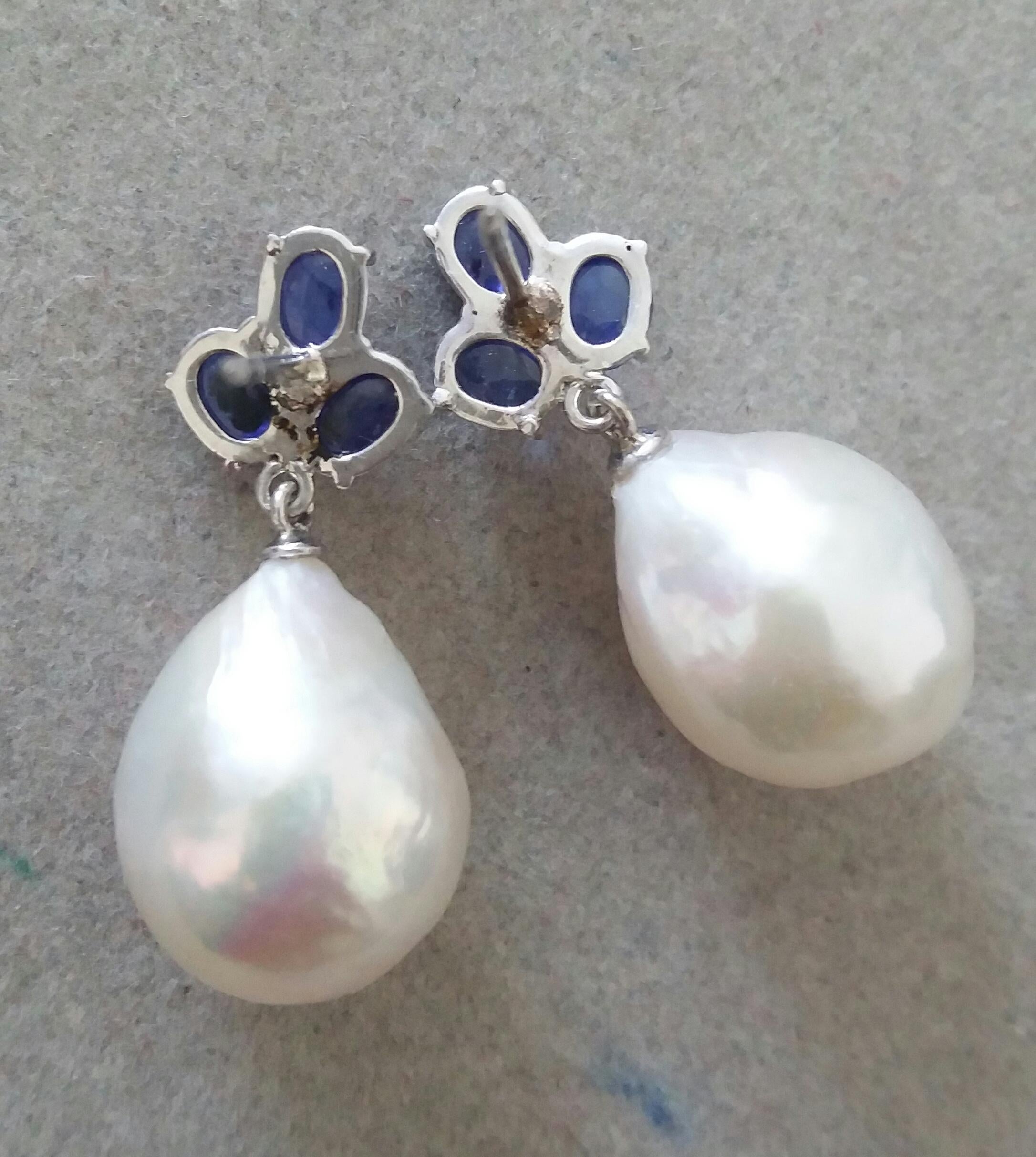 Women's 3 Blue Sapphire Oval Cabs Gold Diamonds Pear Shape Baroque Pearls Earrings For Sale