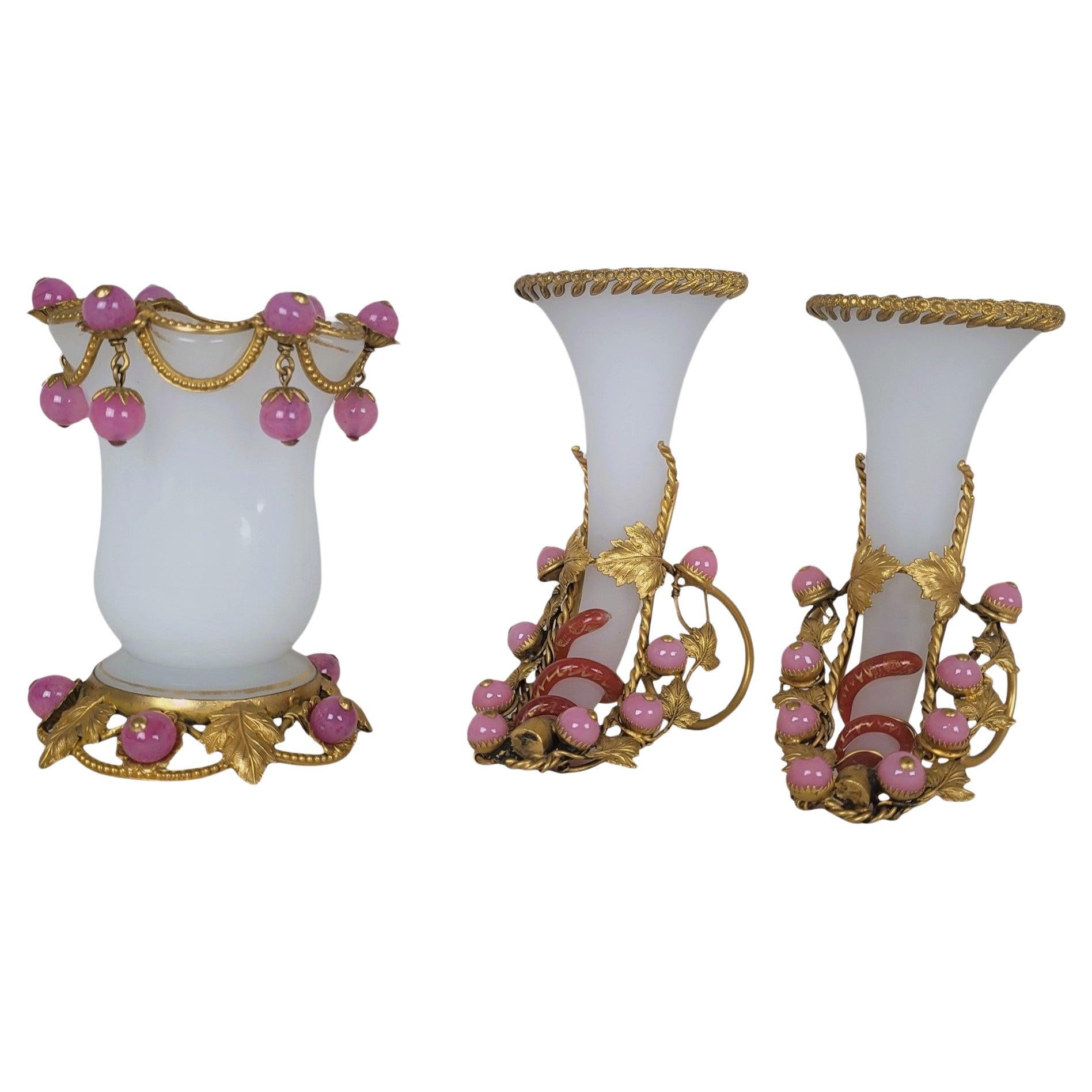 3 Bouquet Holder Vases, Opaline And Pomponne, Napoleon III, 19th Century For Sale