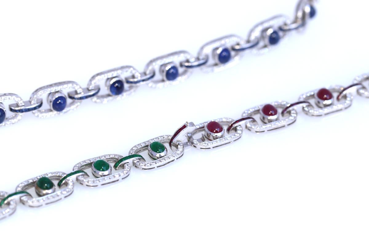 3 Bracelets Set Sapphires Rubies Diamonds Emeralds Necklace Сhoker White Gold For Sale 5