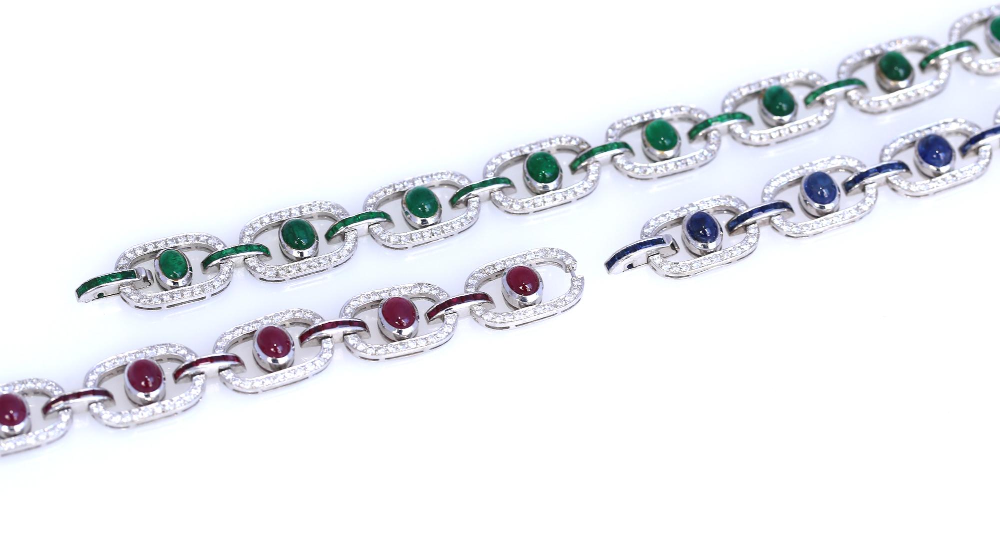 3 Bracelets Set Sapphires Rubies Diamonds Emeralds Necklace Сhoker White Gold For Sale 10