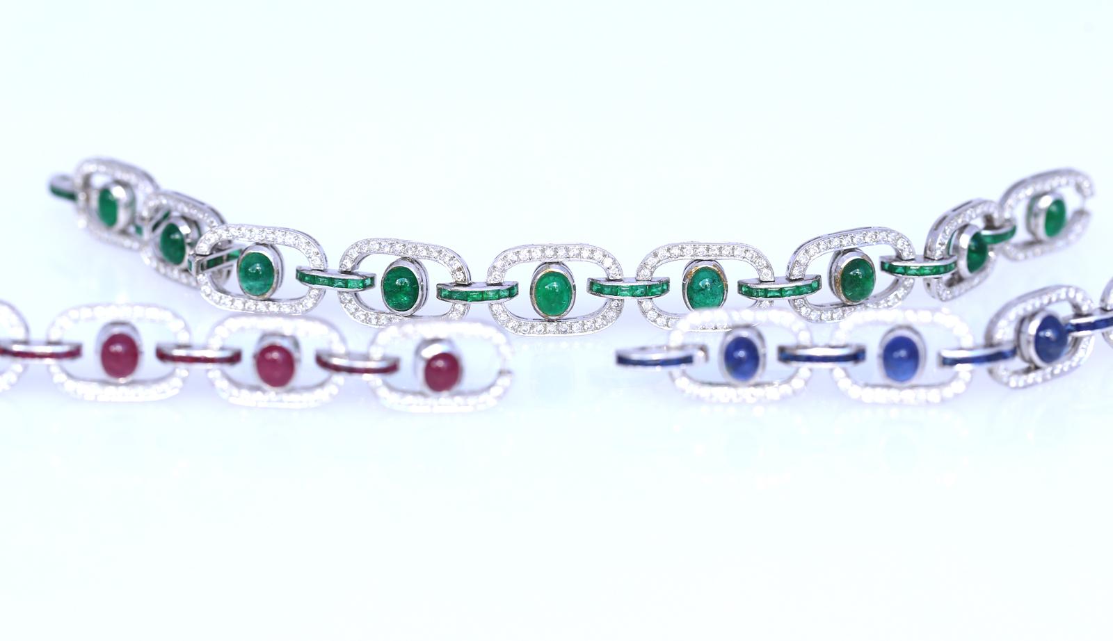 3 Bracelets Set Sapphires Rubies Diamonds Emeralds Necklace Сhoker White Gold For Sale 11