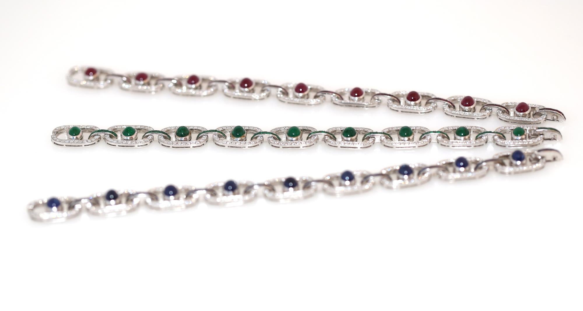Art Deco 3 Bracelets Set Sapphires Rubies Diamonds Emeralds Necklace Сhoker White Gold For Sale