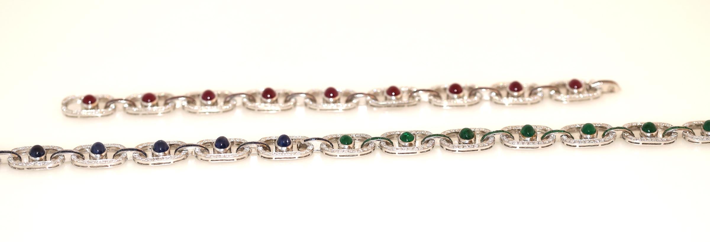 Cabochon 3 Bracelets Set Sapphires Rubies Diamonds Emeralds Necklace Сhoker White Gold For Sale
