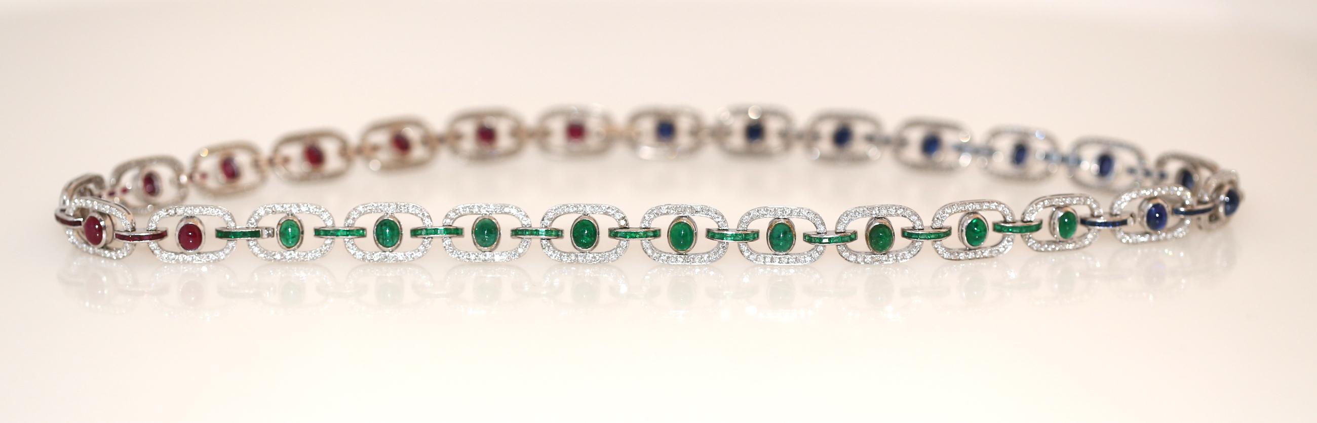 3 Bracelets Set Sapphires Rubies Diamonds Emeralds Necklace Сhoker White Gold In Good Condition For Sale In Herzelia, Tel Aviv