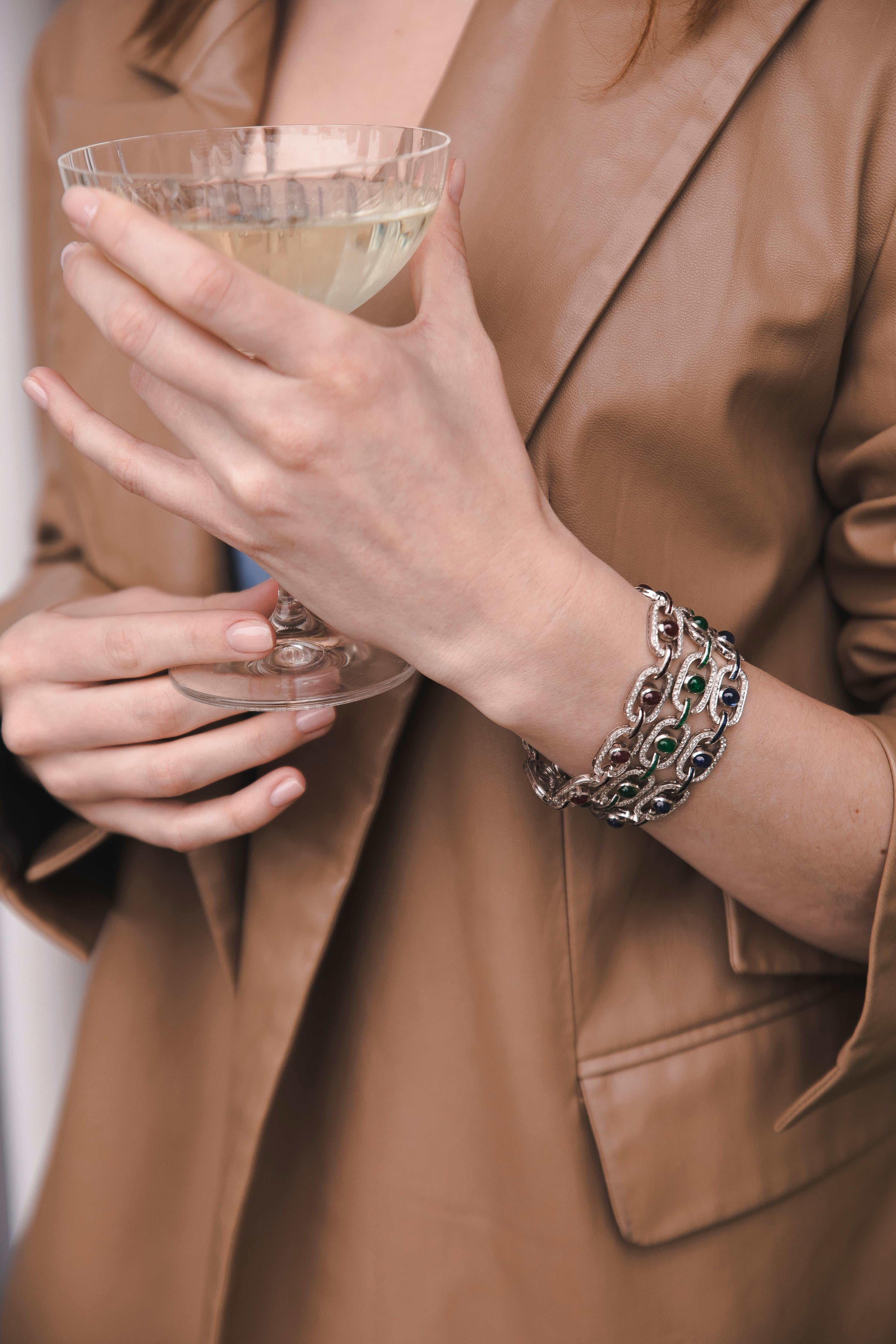 Lot de 3 bracelets Saphirs Rubis Diamants Emeraudes Collier Сhoker Or Blanc en vente 11