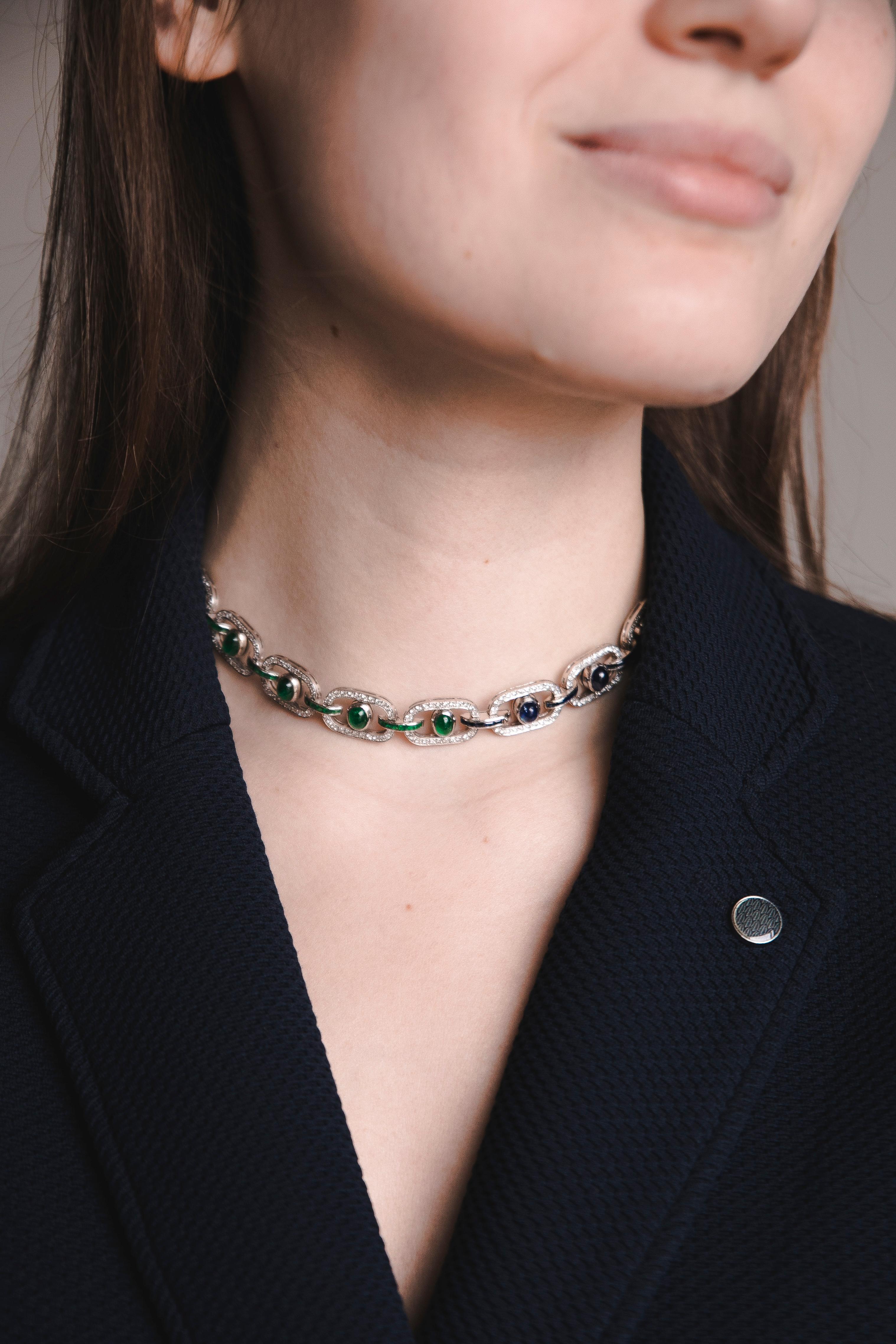 Taille cabochon Lot de 3 bracelets Saphirs Rubis Diamants Emeraudes Collier Сhoker Or Blanc en vente