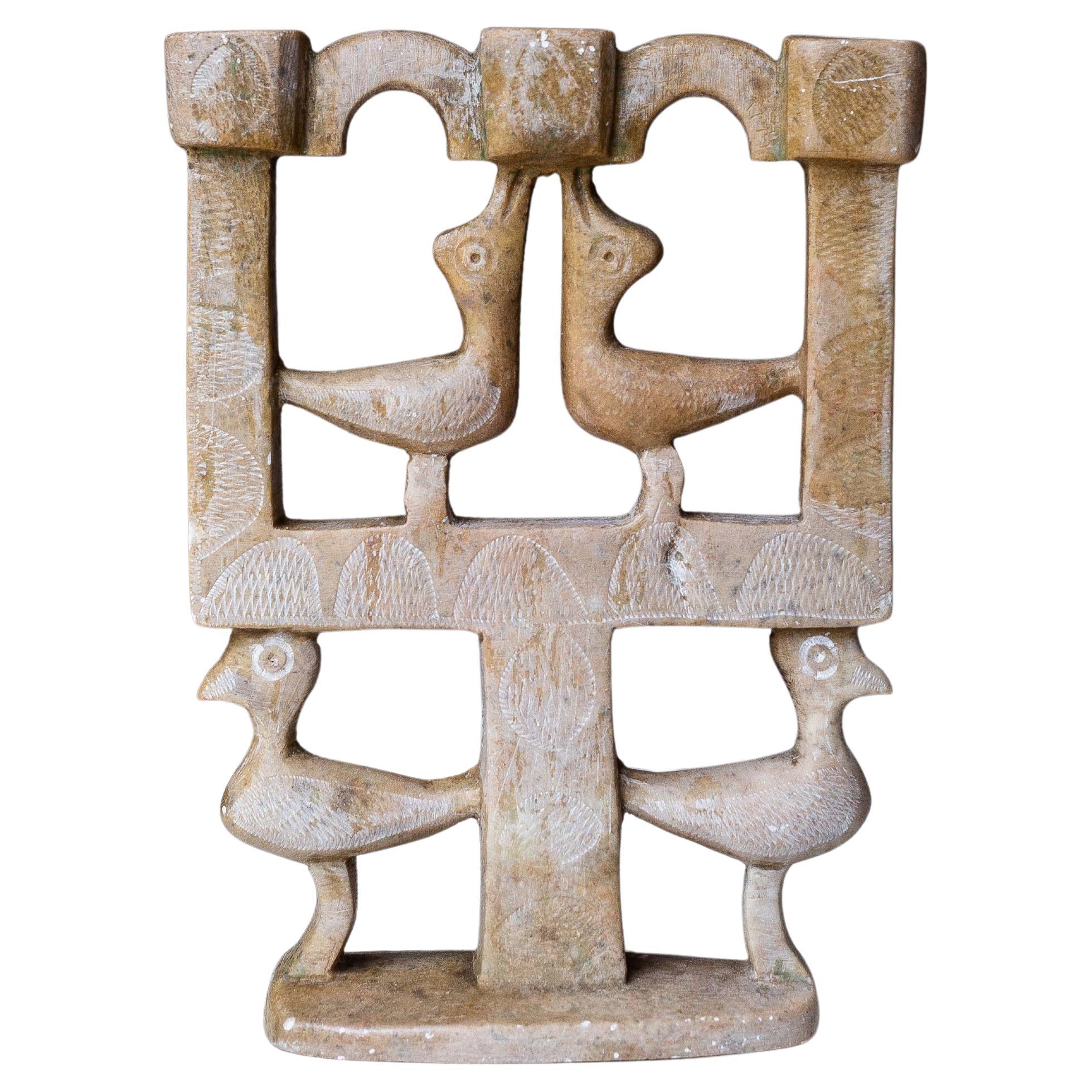 3 Branch Stone Kandelaber, Tiervögel Design, Marokko 1970er Jahre im Angebot