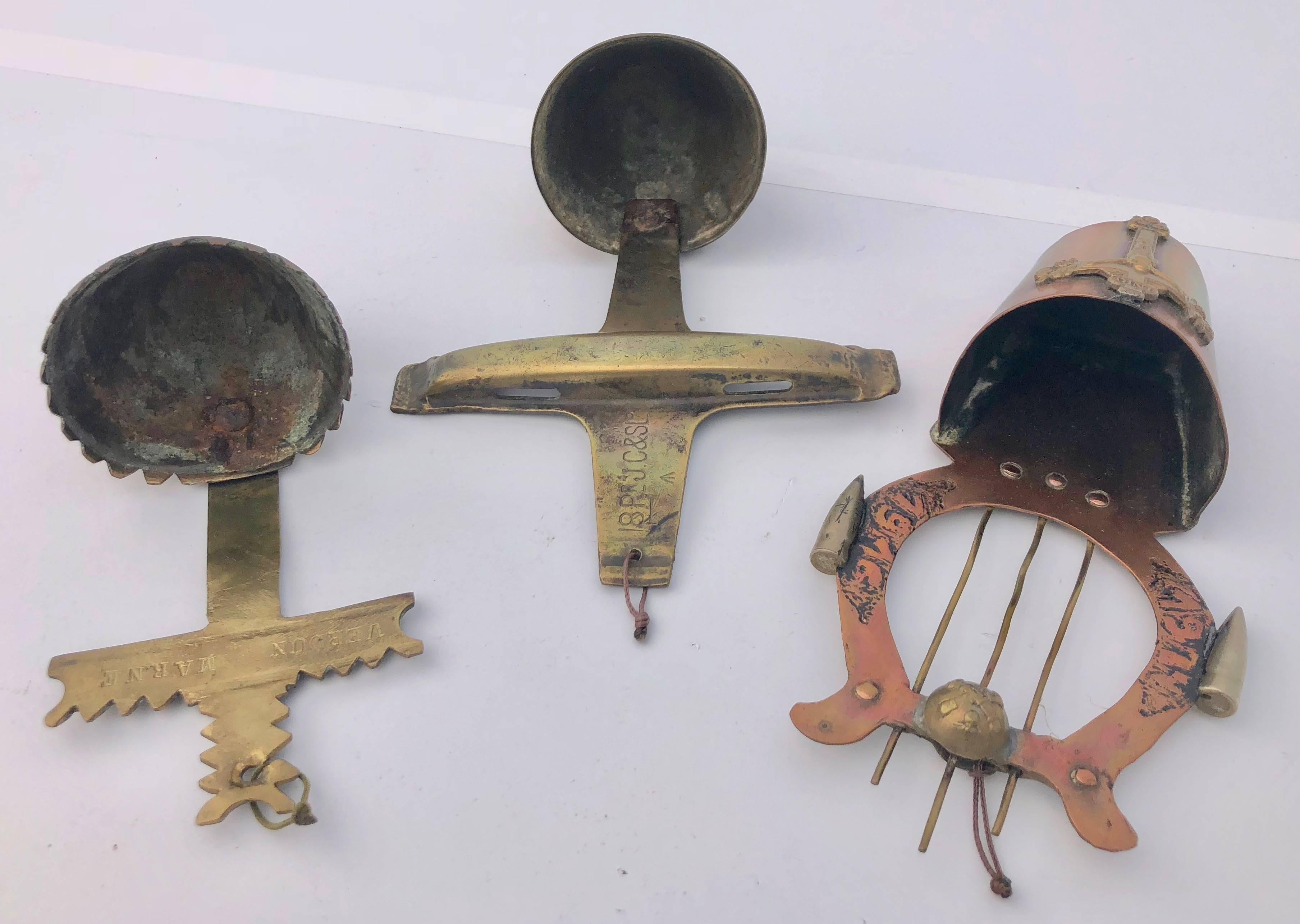 Three Brass and Copper Trench Art Holy Water Fonts/Bénitiers with Crosses, 1900s In Good Condition For Sale In Petaluma, CA