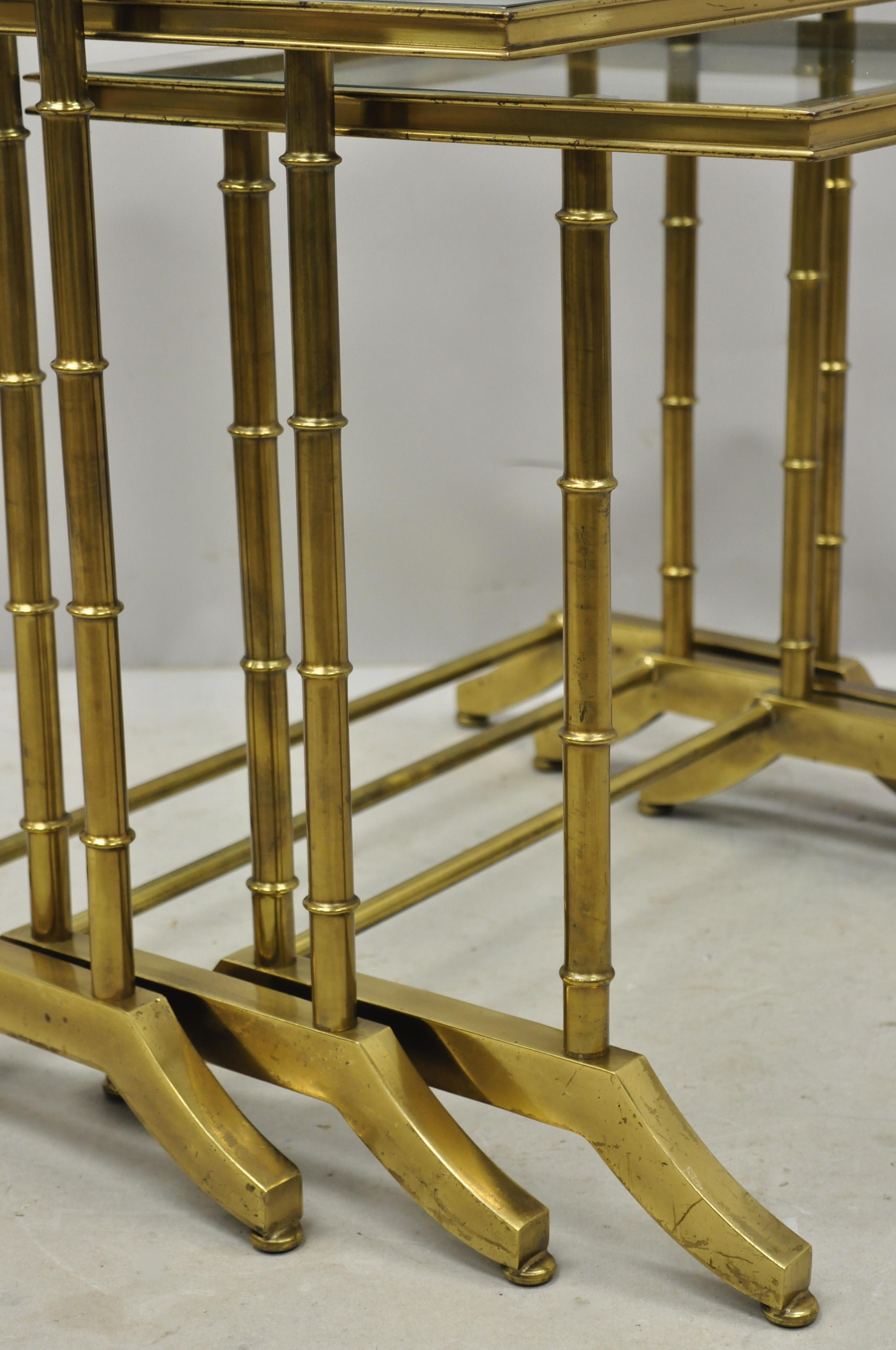 3 Brass Faux Bamboo Glass Top Nesting Side Tables Attributed to Mastercraft For Sale 4