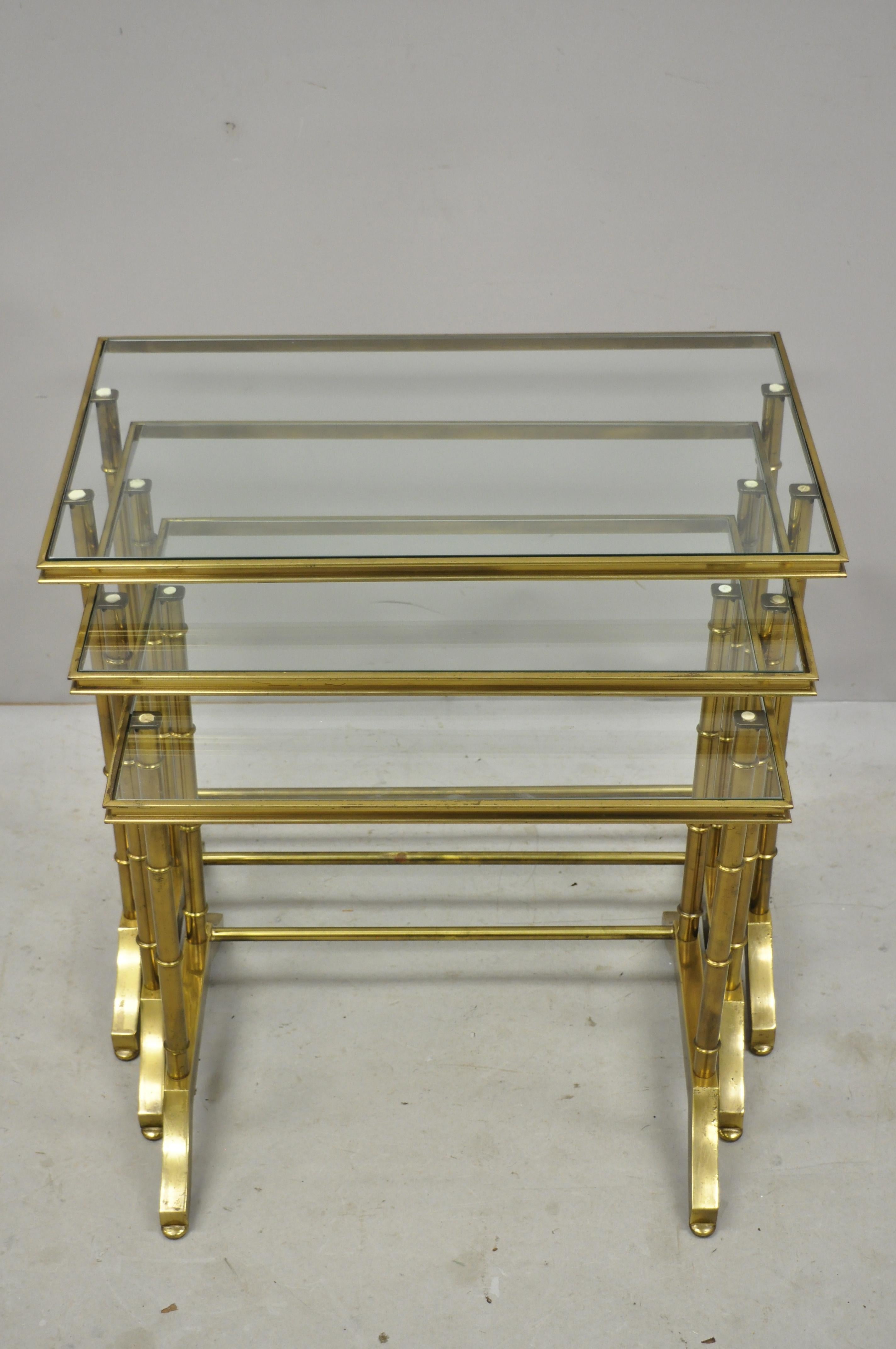 3 Brass Faux Bamboo Glass Top Nesting Side Tables Attributed to Mastercraft For Sale 6