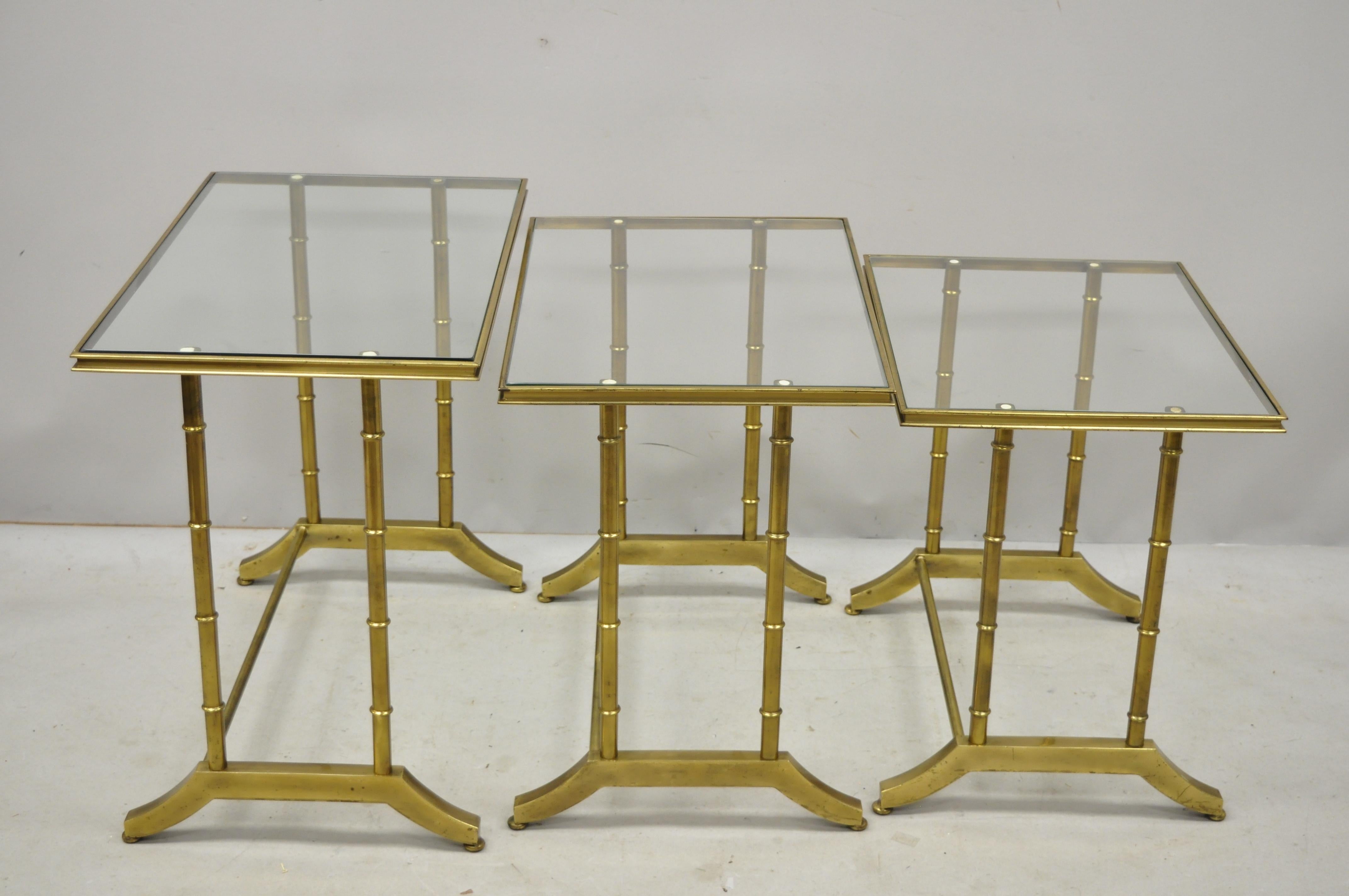 Hollywood Regency 3 Brass Faux Bamboo Glass Top Nesting Side Tables Attributed to Mastercraft For Sale
