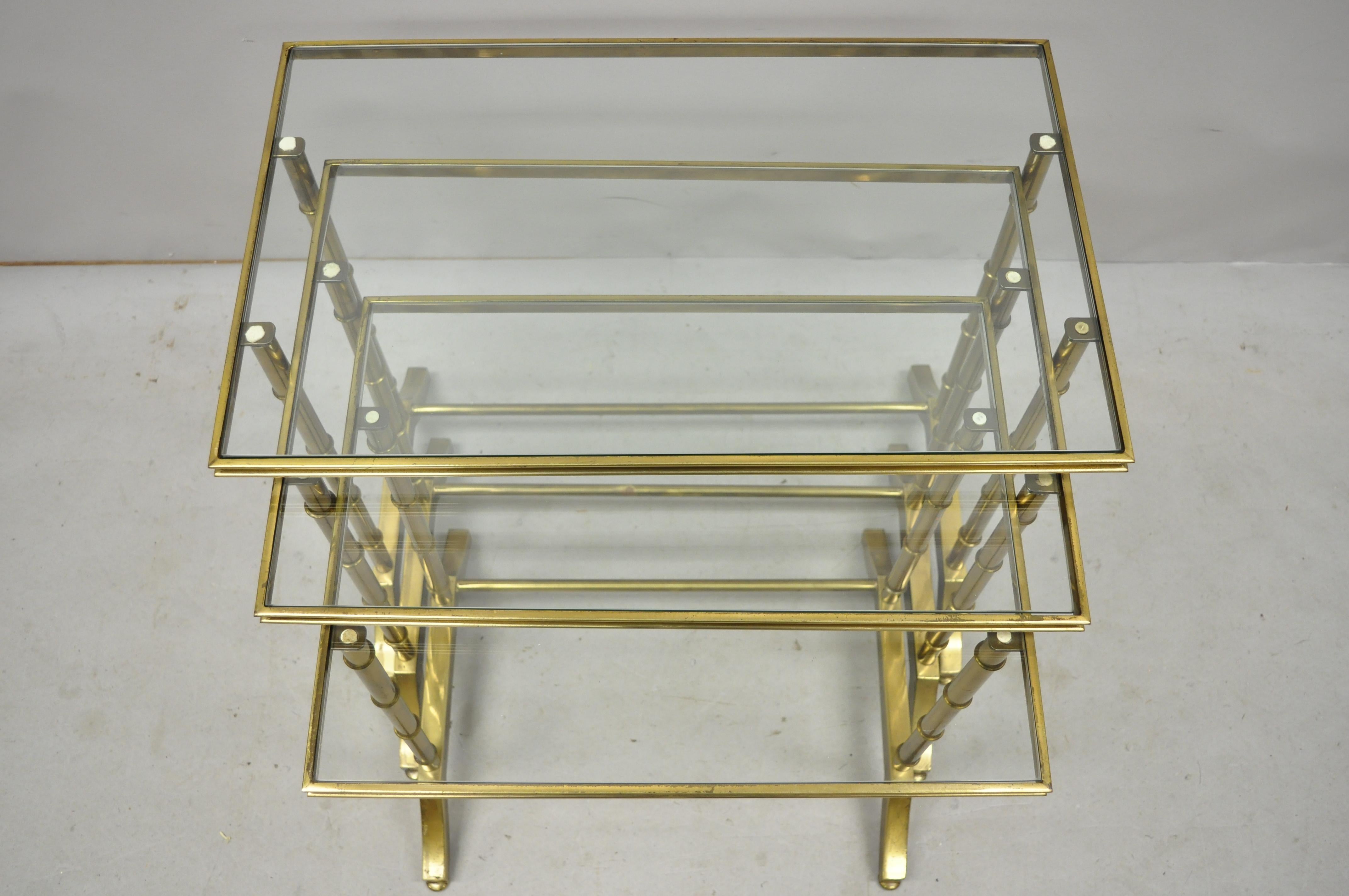 Italian 3 Brass Faux Bamboo Glass Top Nesting Side Tables Attributed to Mastercraft For Sale