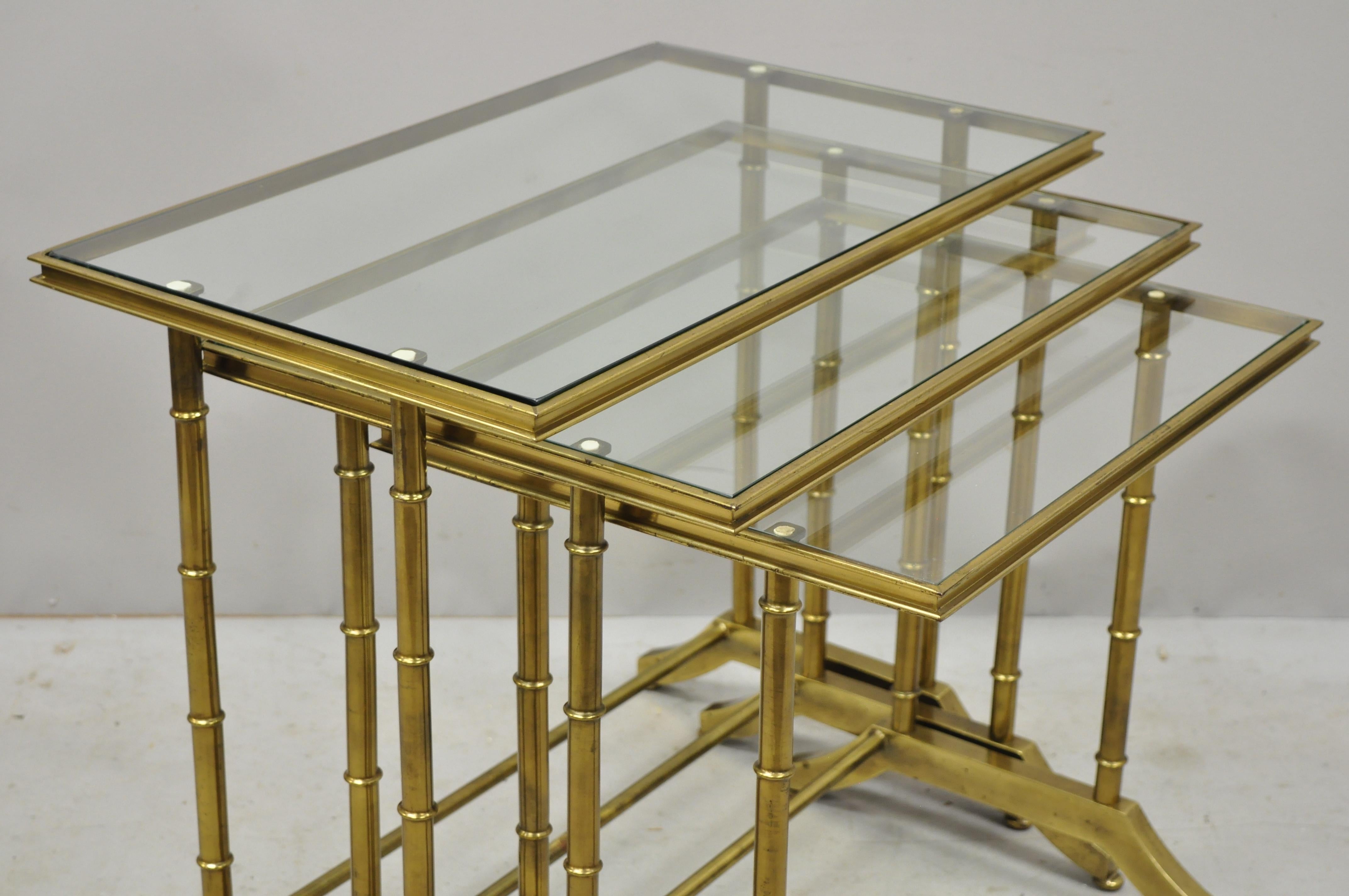 3 Brass Faux Bamboo Glass Top Nesting Side Tables Attributed to Mastercraft In Good Condition For Sale In Philadelphia, PA
