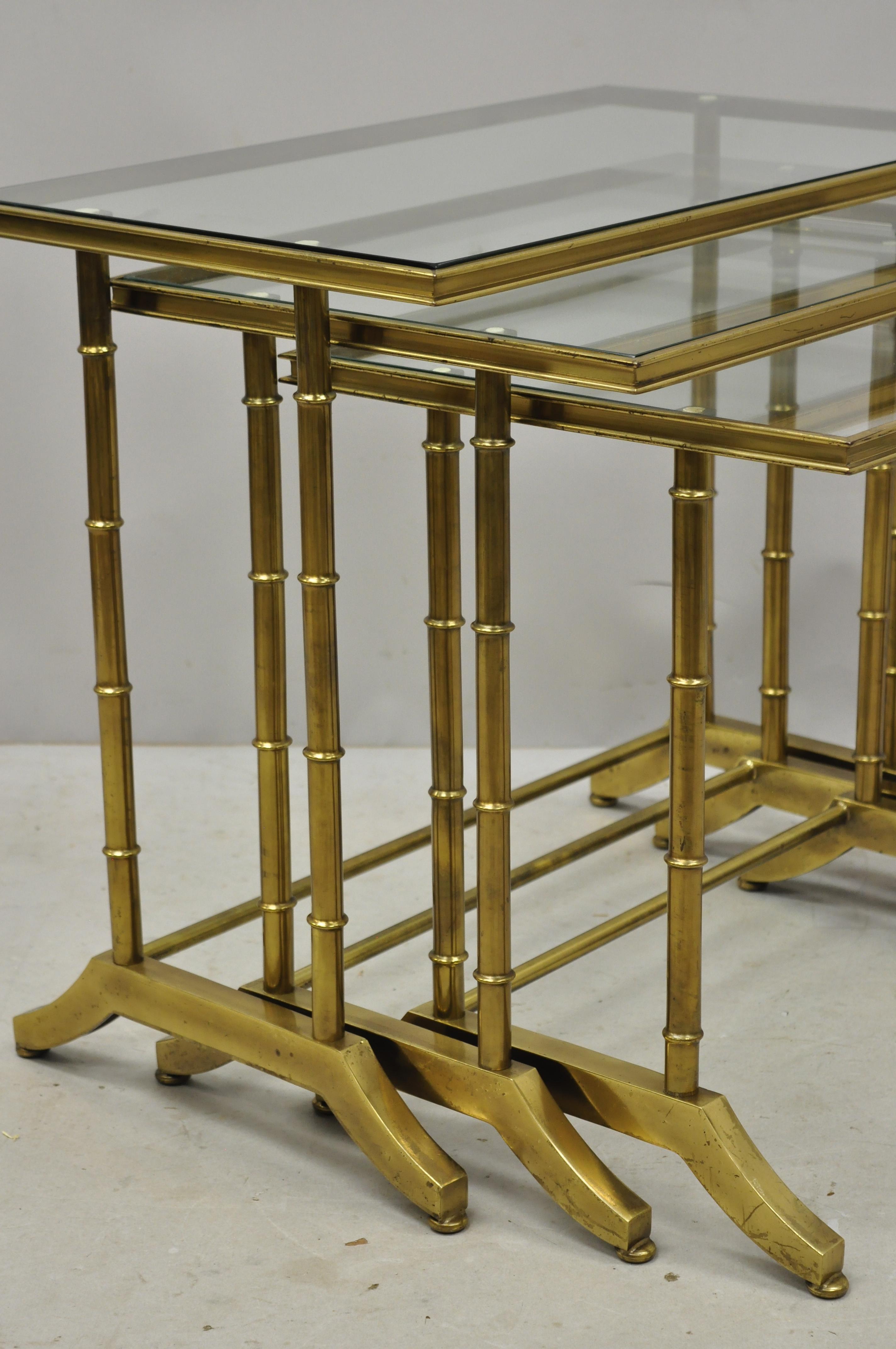 20th Century 3 Brass Faux Bamboo Glass Top Nesting Side Tables Attributed to Mastercraft For Sale