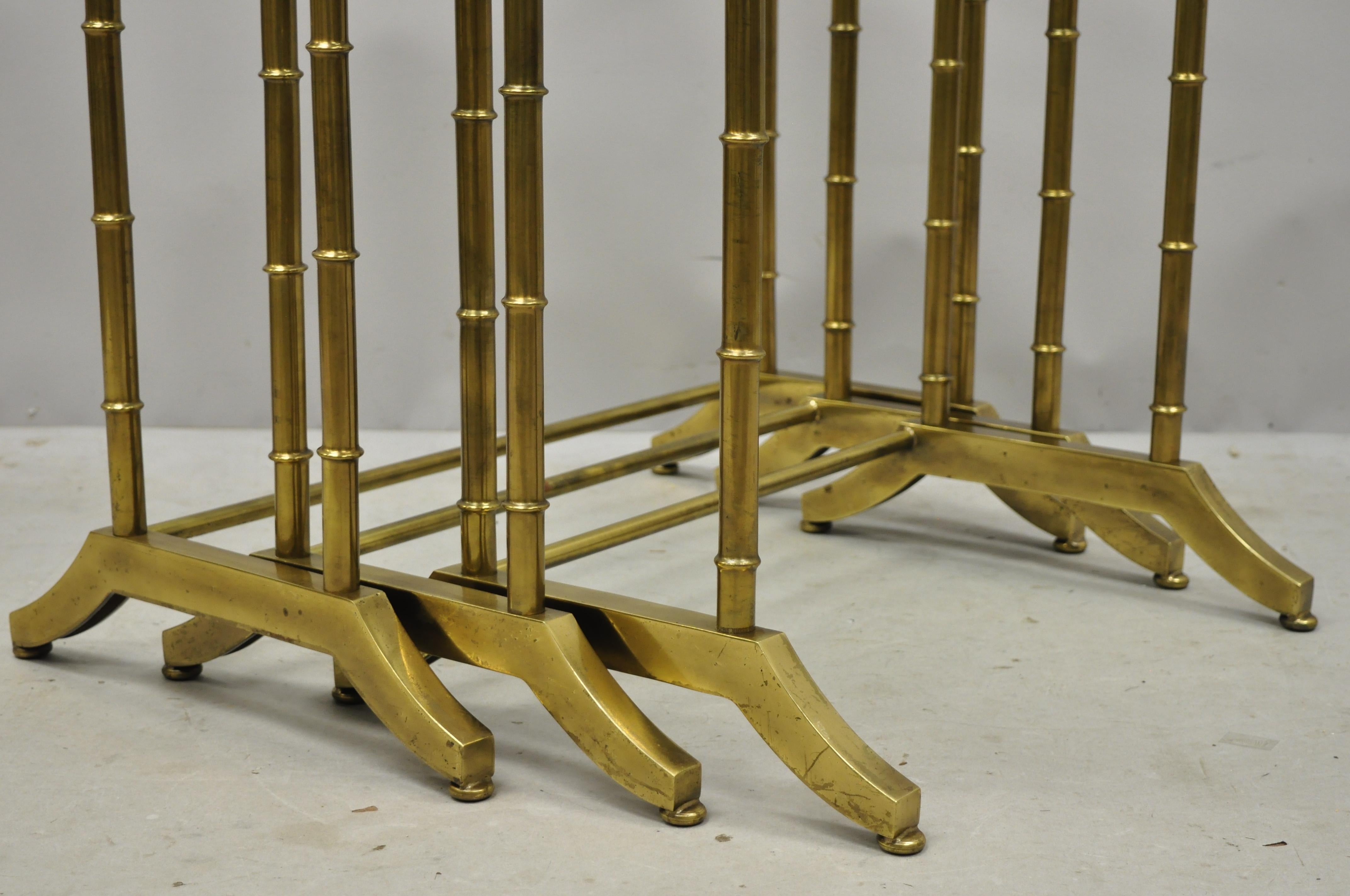 3 Brass Faux Bamboo Glass Top Nesting Side Tables Attributed to Mastercraft For Sale 1