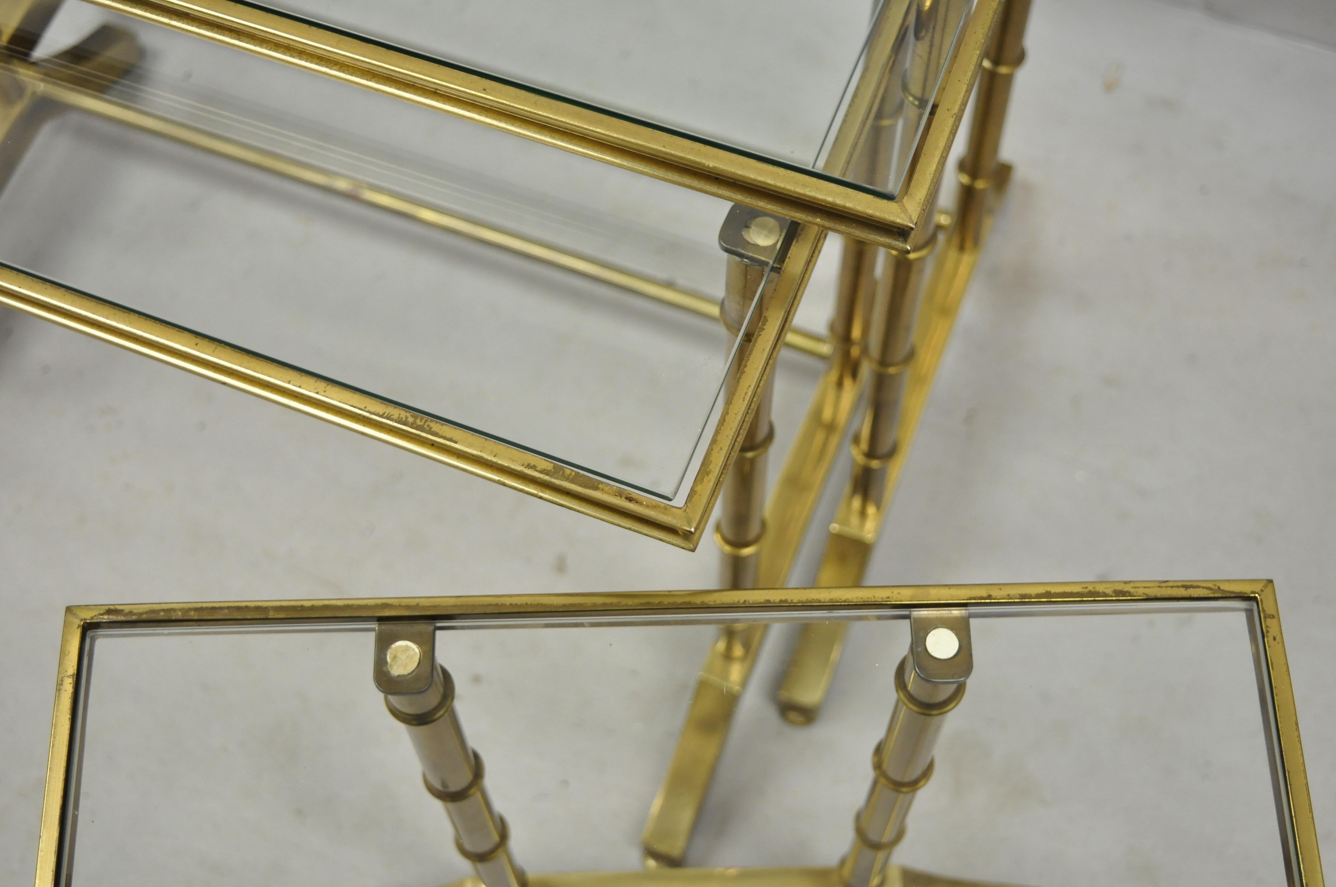 3 Brass Faux Bamboo Glass Top Nesting Side Tables Attributed to Mastercraft For Sale 3