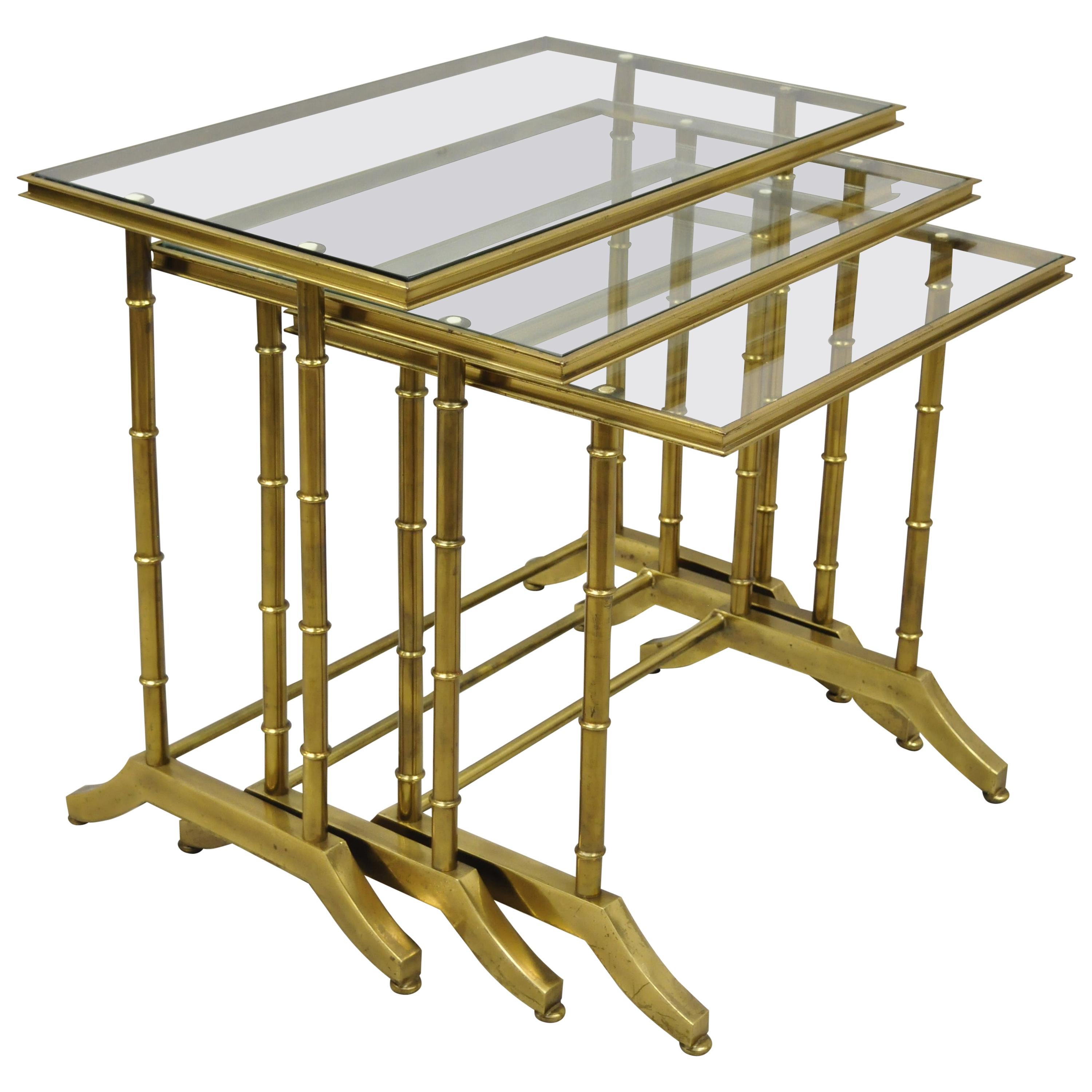 3 Brass Faux Bamboo Glass Top Nesting Side Tables Attributed to Mastercraft For Sale