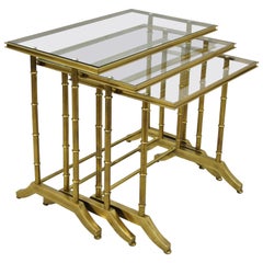 3 Brass Faux Bamboo Glass Top Nesting Side Tables Attributed to Mastercraft