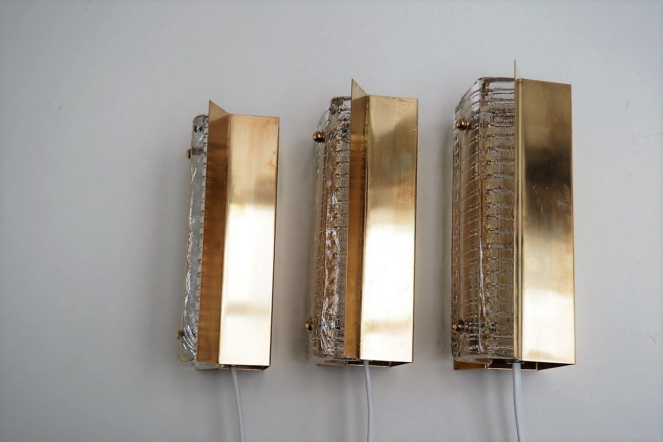 Mid-Century Modern 3 Brass Sconces with Thick Glass Shades, Danish Design from Vitrika, 1960s For Sale