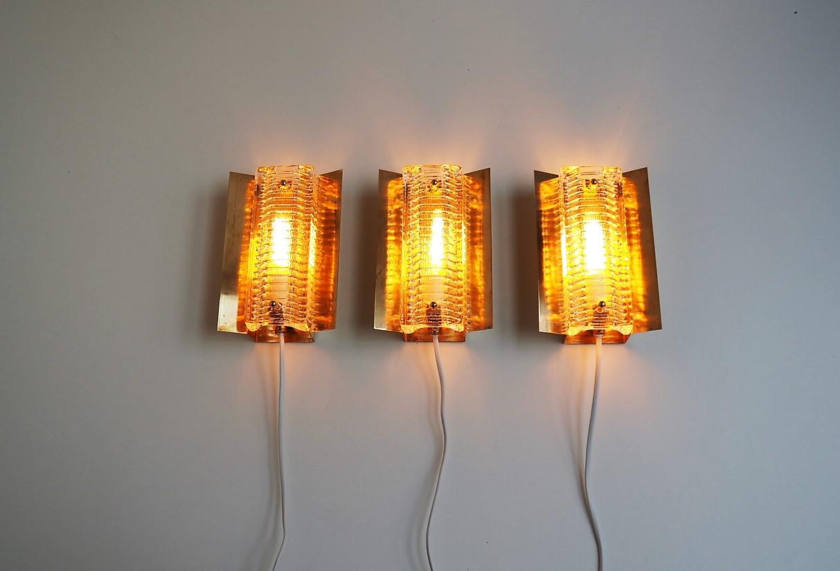 3 Brass Sconces with Thick Glass Shades, Danish Design from Vitrika, 1960s In Good Condition For Sale In Spoettrup, DK