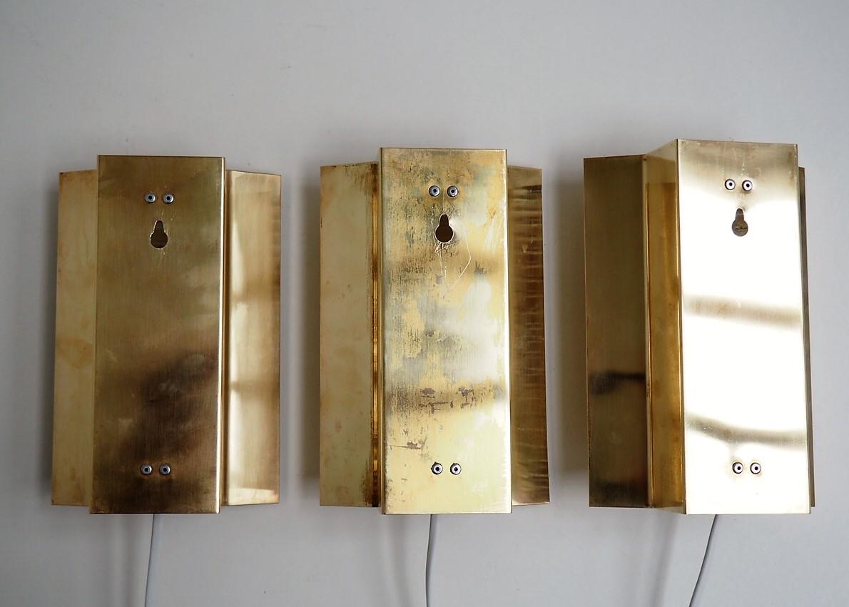 3 Brass Sconces with Thick Glass Shades, Danish Design from Vitrika, 1960s For Sale 1