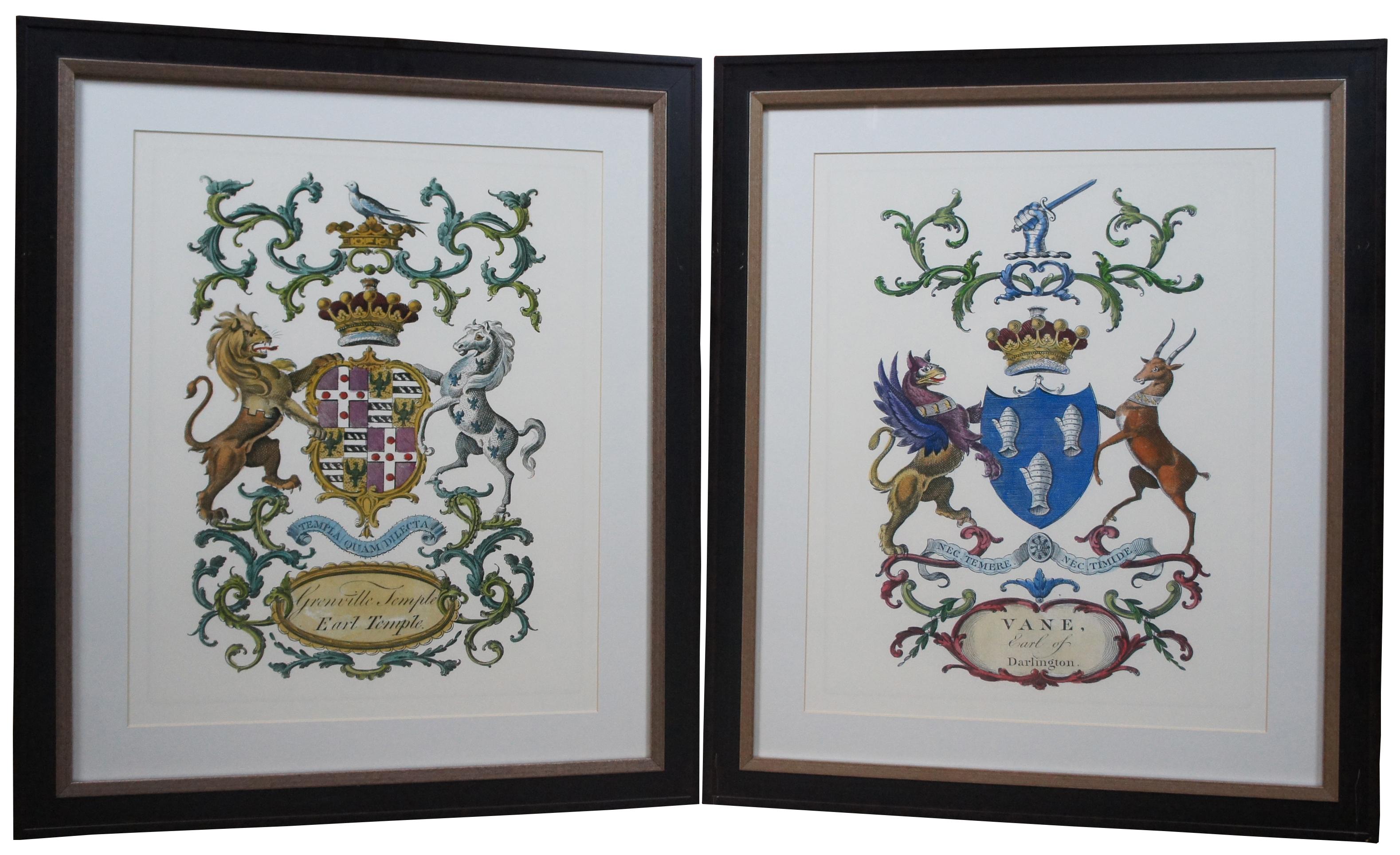Set of three vintage heraldic prints showing the family coat of arms for Yelverton - Earl of Sussex, Vane – Earl of Darlington, and Grenville Temple – Earl Temple. Features griffons, lions, dragons, swords, bucks, horses, eagles and