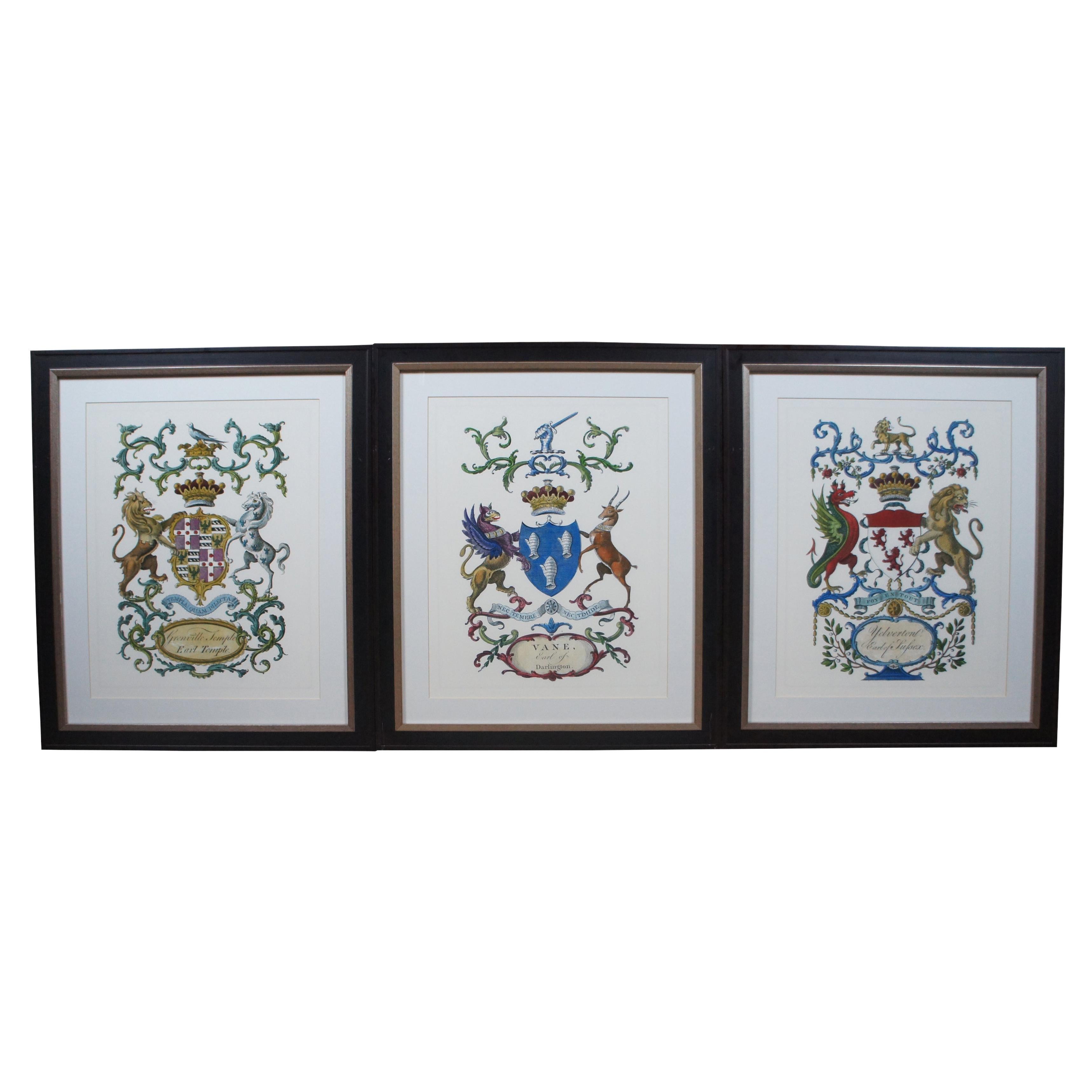 3 British Heraldic Lithograph Prints Coat of Arms Grenville Vane Yelverton Crest