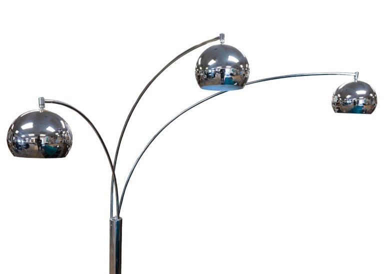 3 Bulb Arc Chrome and Marble Base Floor Lamp Vintage Mid Century Modern