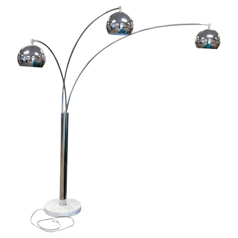 3 Bulb Arc Chrome and Marble Base Floor Lamp Vintage Mid Century Modern
