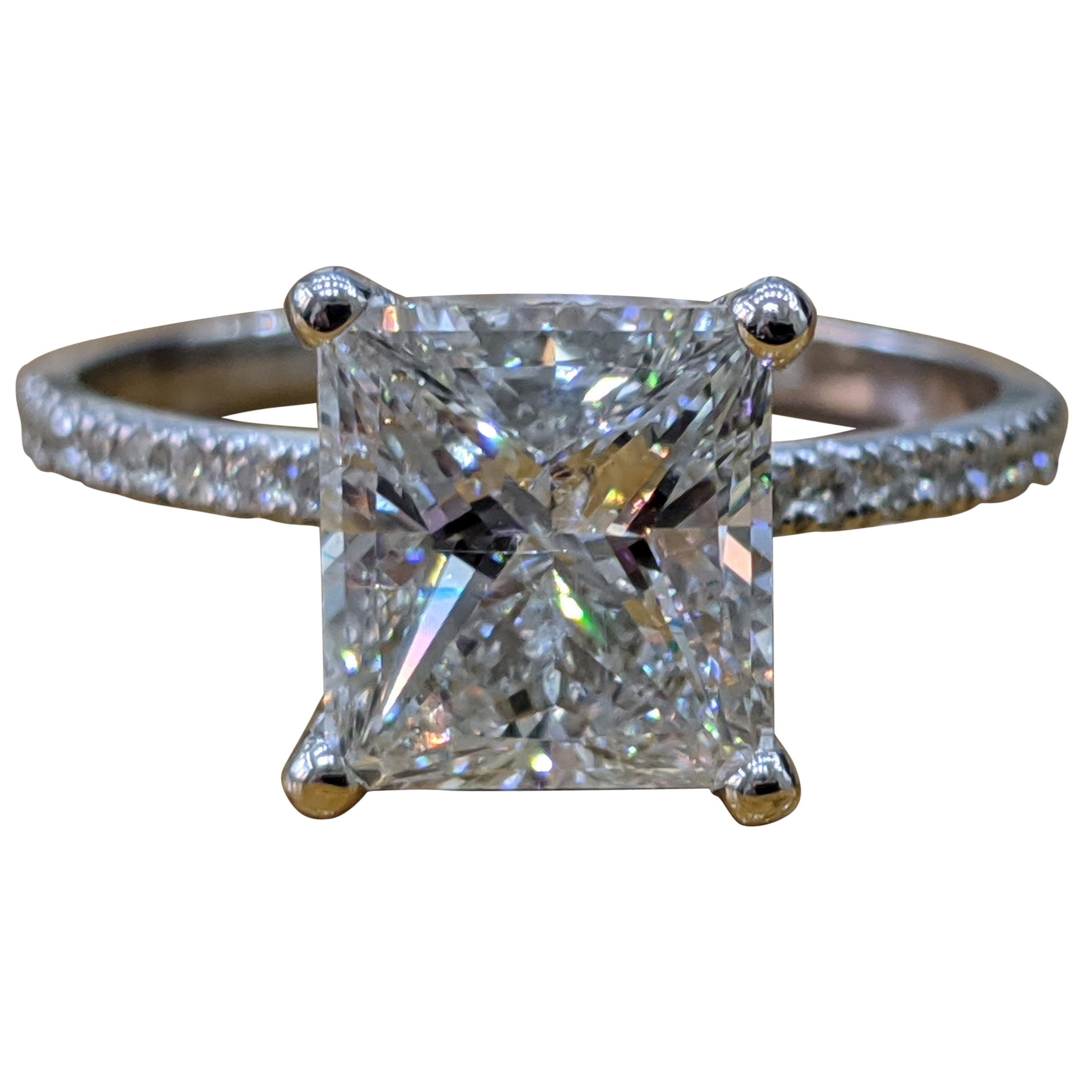 3 Carat 14 Karat White Gold Princess Diamond Art Deco Ring, Engagement Ring
