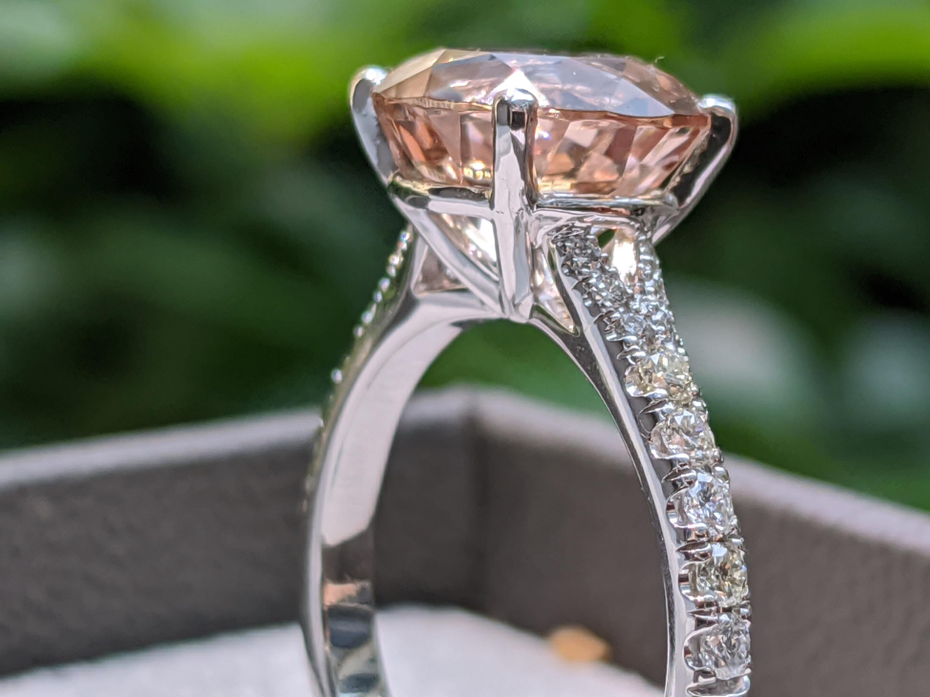 One of a kind 3 Carat Morganite and Diamonds Engagement Ring - An amazing 2.5ct pink/peach natural round morganite gemstone, adorned by 1/2ctw of white natural diamonds - this ring is a great diamond alternative ring that will draw attention