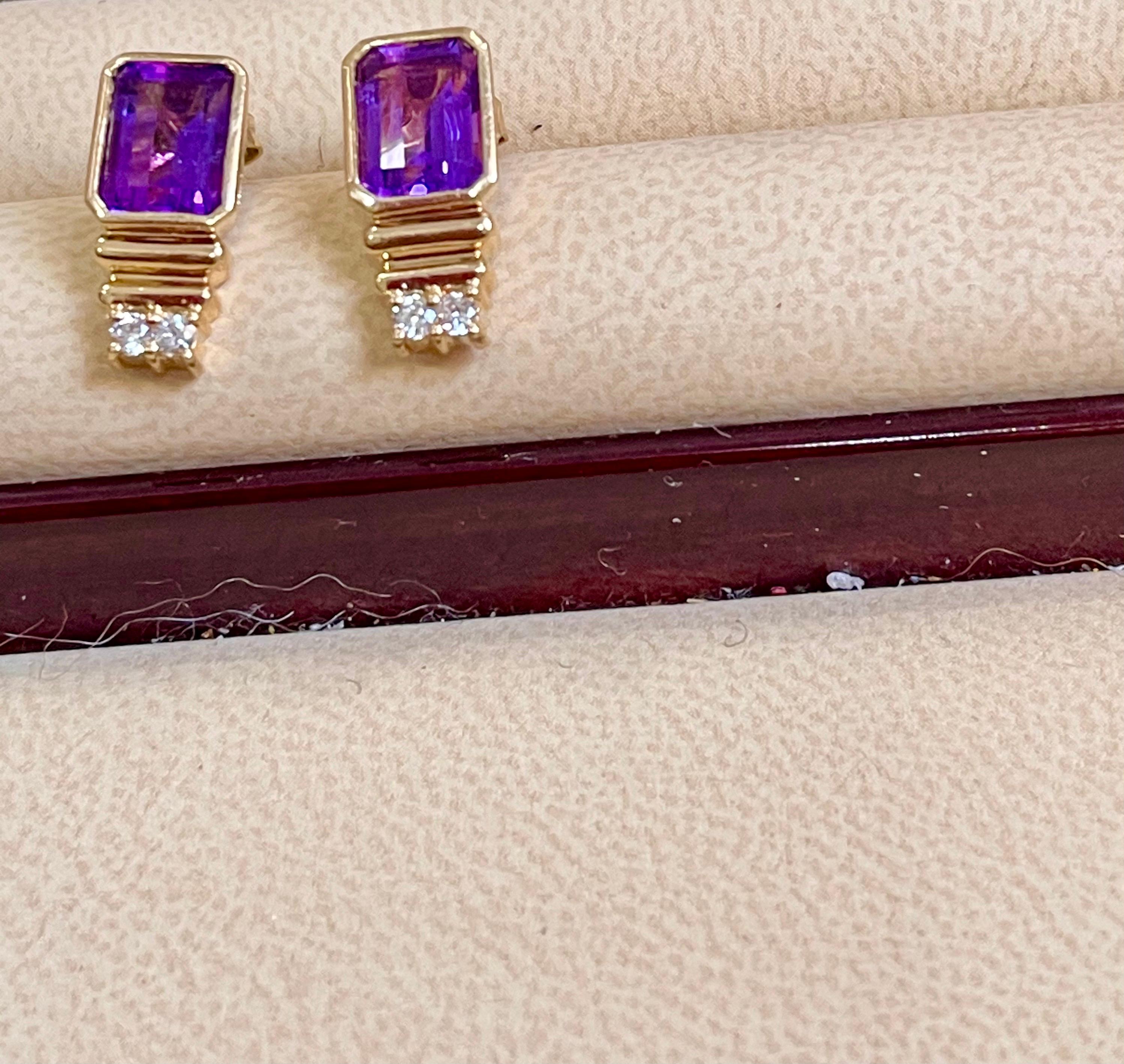 Women's 3 Carat Amethyst and Diamond 14 Karat Yellow Gold Earrings, Stud Post Earring For Sale