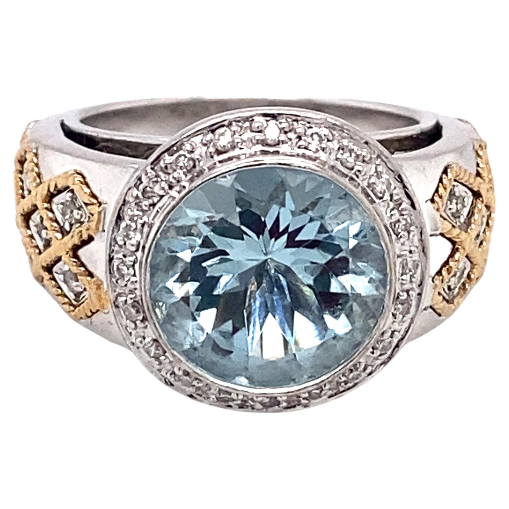 Blue Topaz Alexandrite Three Stone Round Trellis ring - 14K White Gold  |JewelsForMe