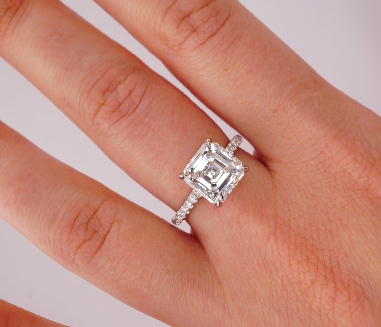 Contemporary 3 Carat Asscher Cut Square Emerald Engagement Platinum Ring For Sale