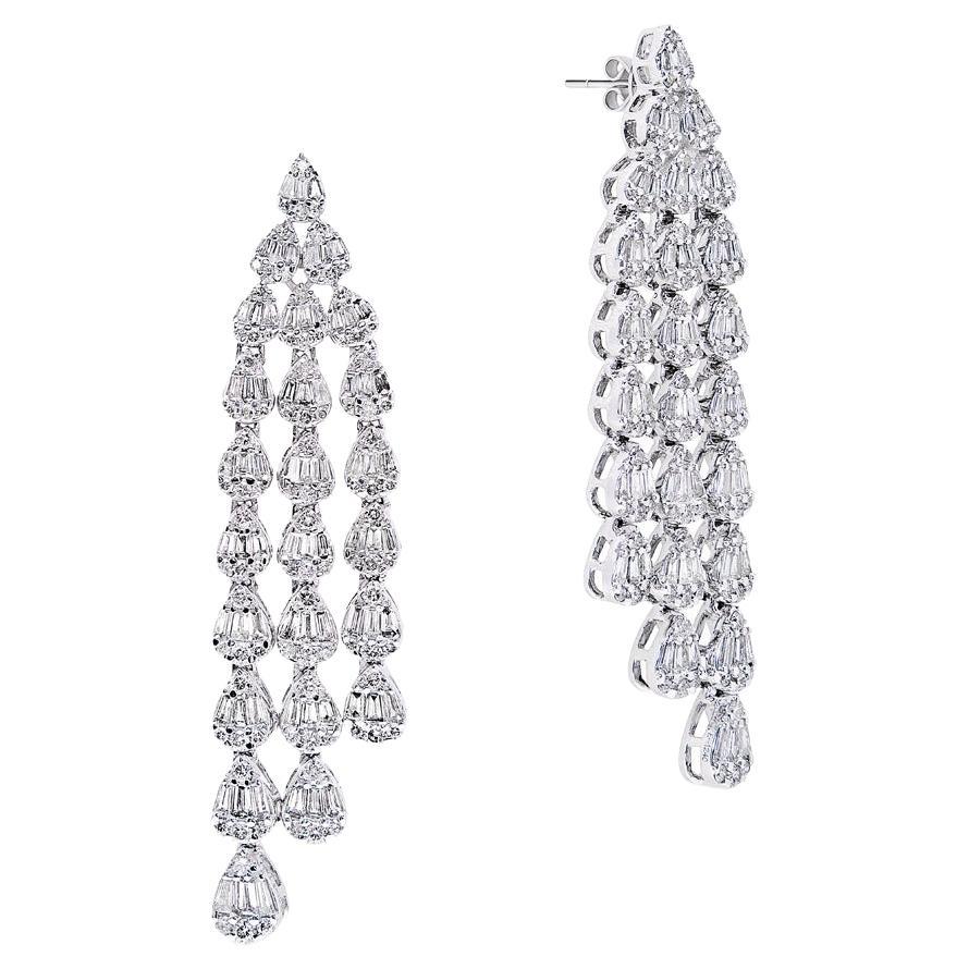 3 Carat Baguette and Round Hanging Diamond Chandelier Earrings Certified For Sale
