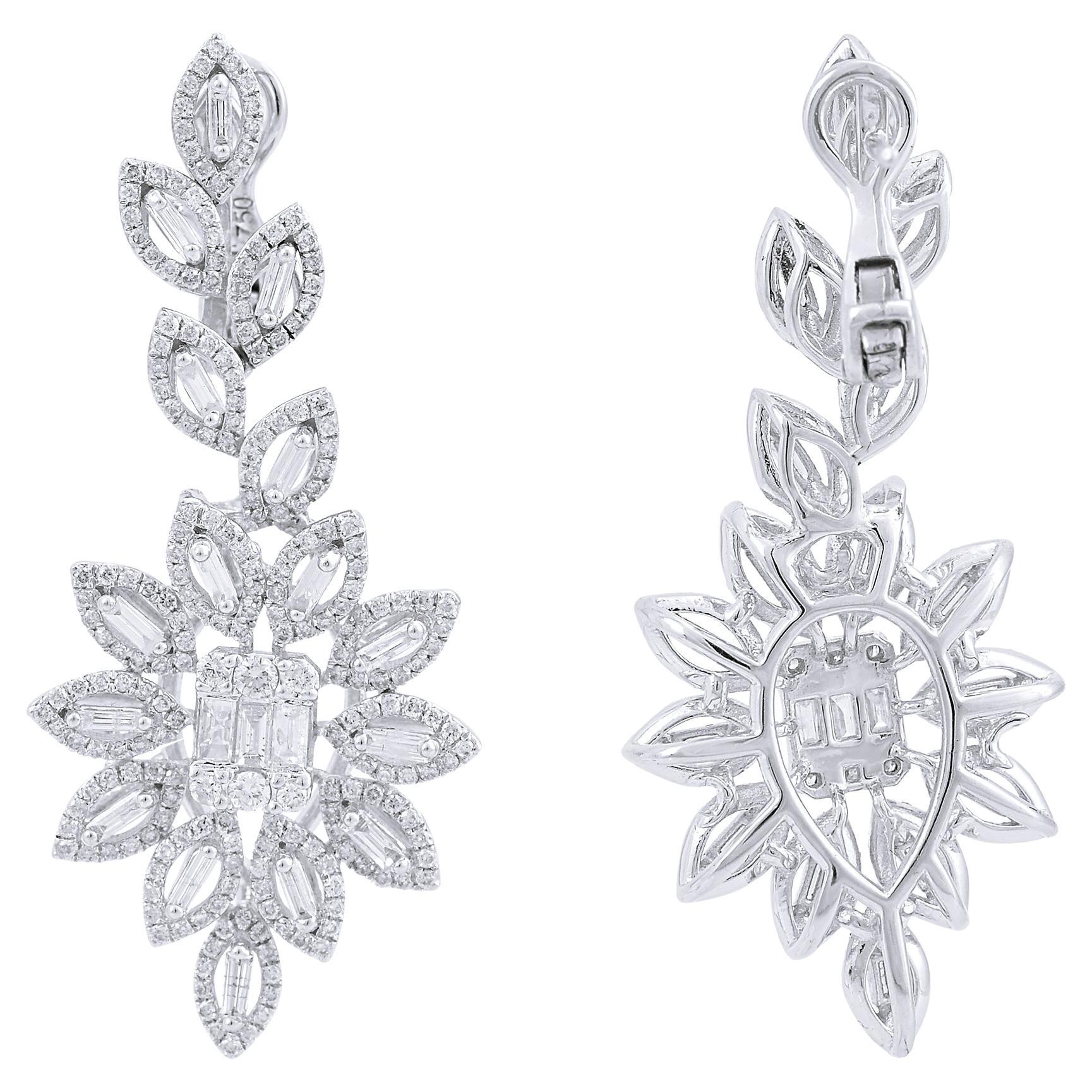 3 Carat Baguette Diamond Dangle Earrings 18 Karat White Gold Handmade Jewelry For Sale