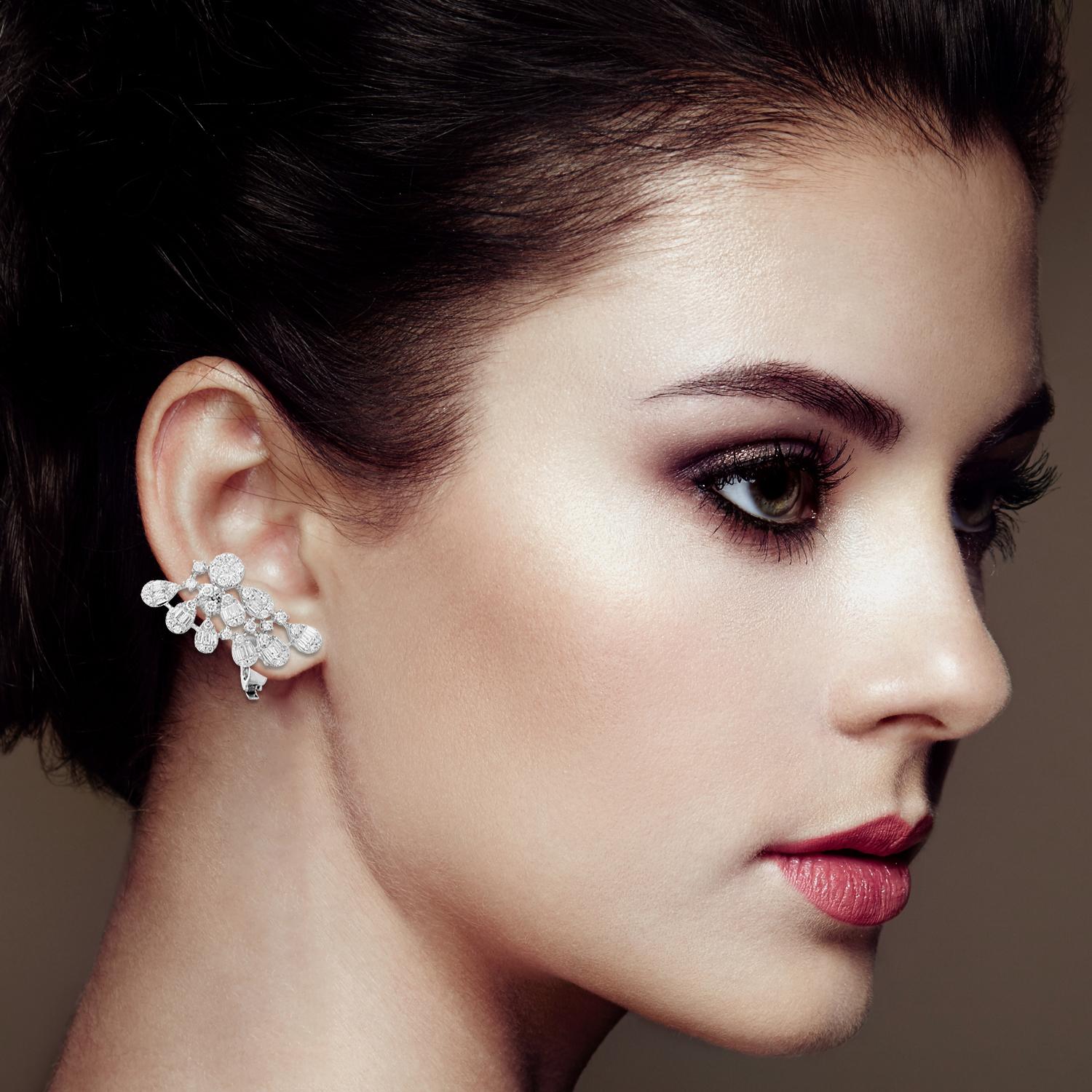 Modern 3 Carat Baguette Diamond Ear Cuff Earrings 18 Karat White Gold Handmade Jewelry For Sale