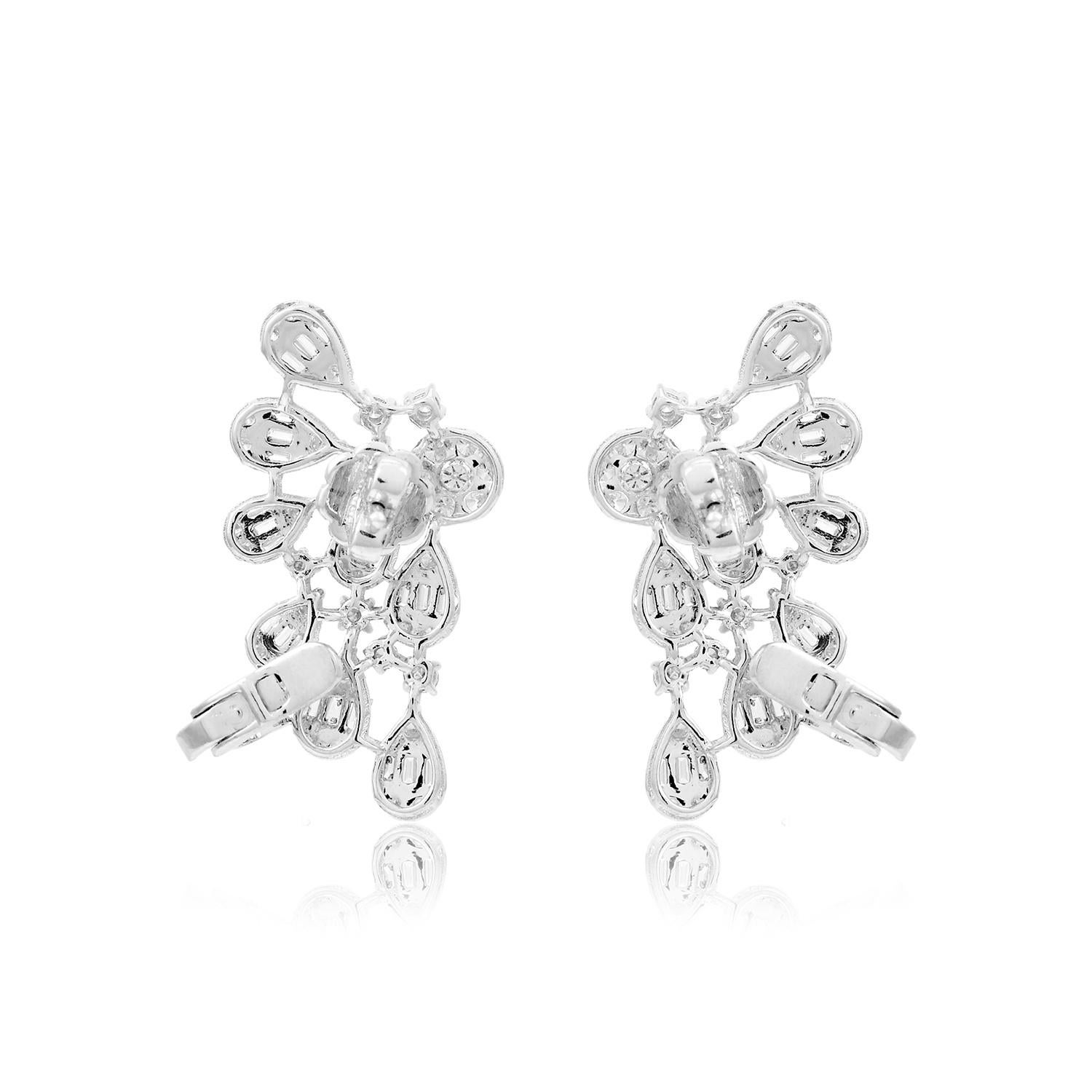 Women's 3 Carat Baguette Diamond Ear Cuff Earrings 18 Karat White Gold Handmade Jewelry For Sale