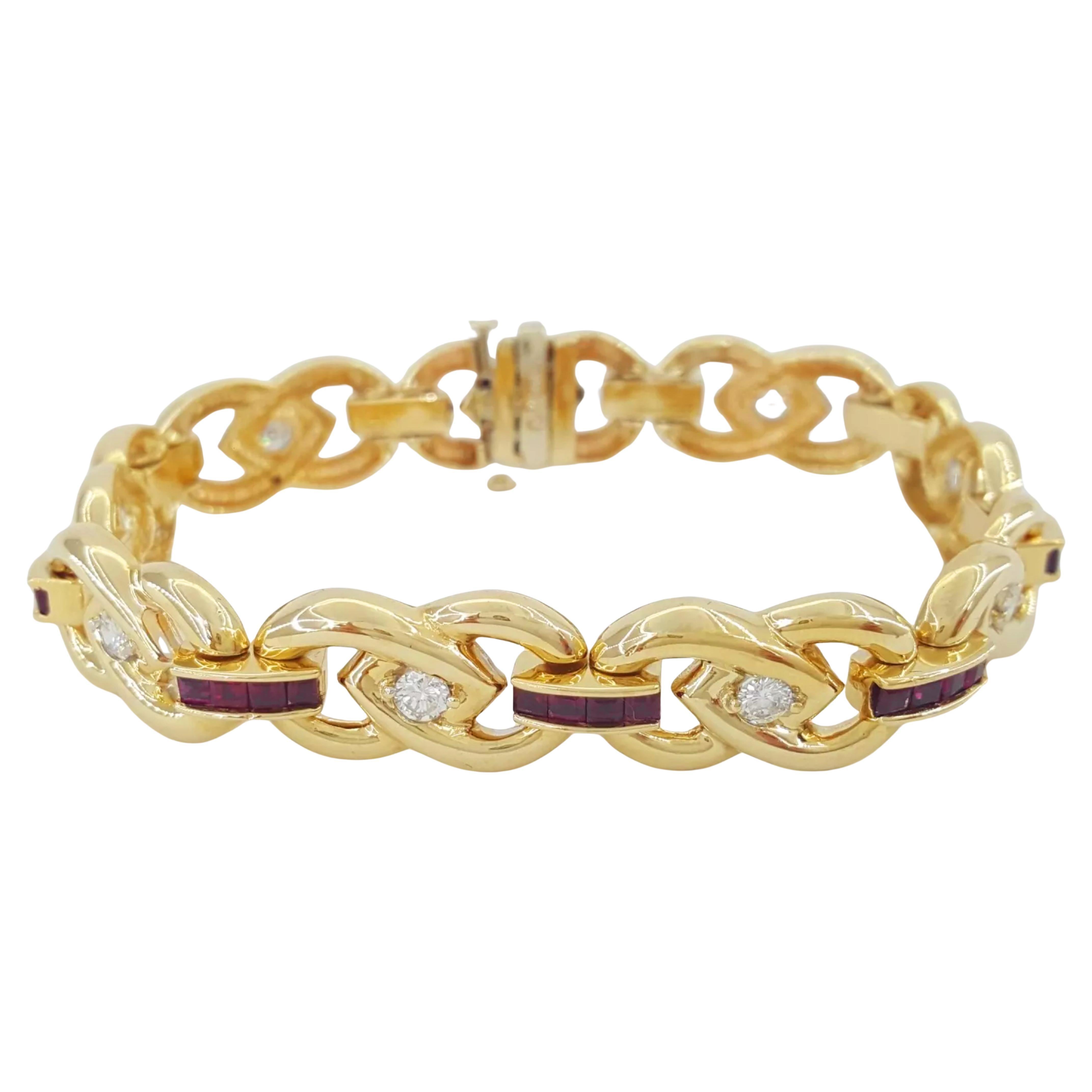 3 Carat Baguette Rubies Diamond Yellow Gold Chain Bracelet