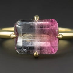 3 Carat Bi-Color Watermelon Tourmaline Solitaire Ring in 14k Yellow Gold