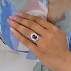 3 Carat Blue Sapphire 0.60 Carat SI/H Diamond Ring 18 Karat White Gold Jewelry